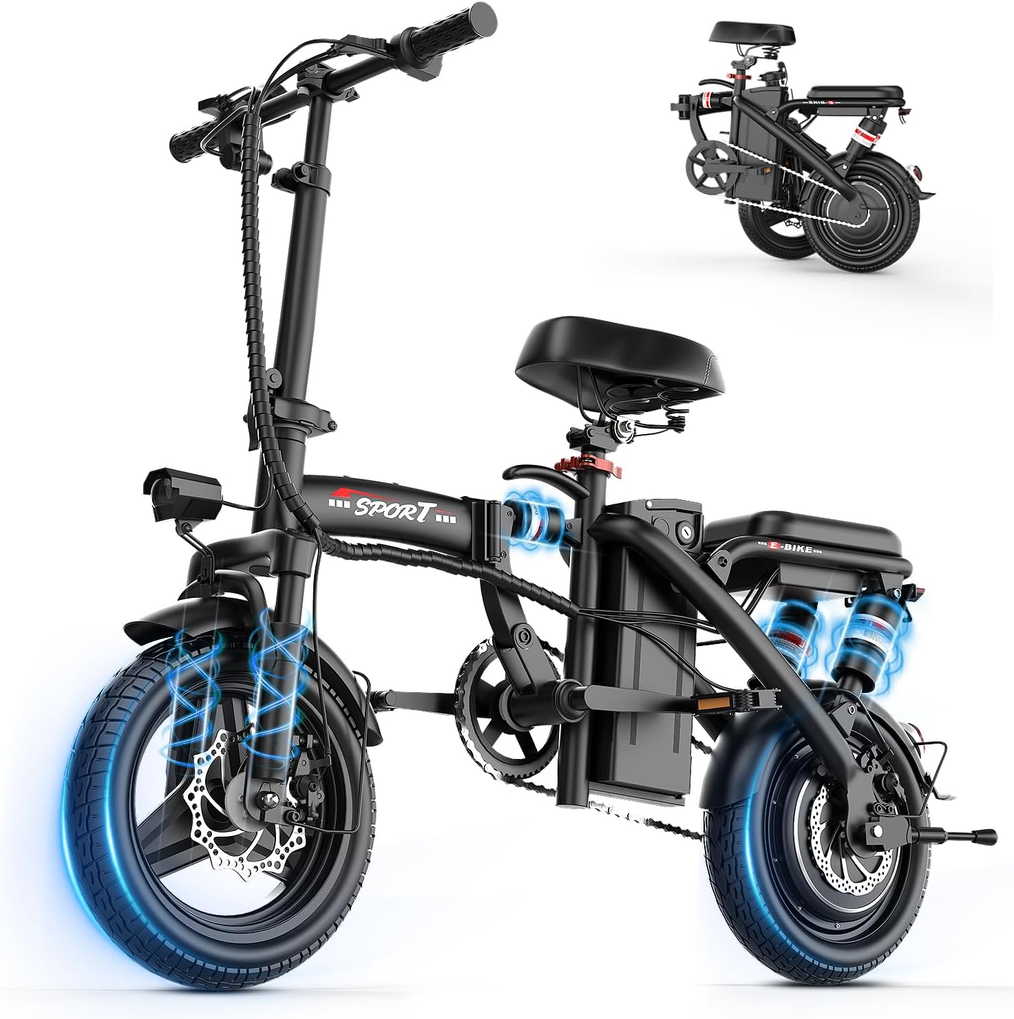 Folding Electric Bike for Adults & Teens with 800/1200W Peak Motor, 14" Wheels, Dual Suspension, Dual Brakes, 3 Riding Modes & Up to 45 Miles Range
