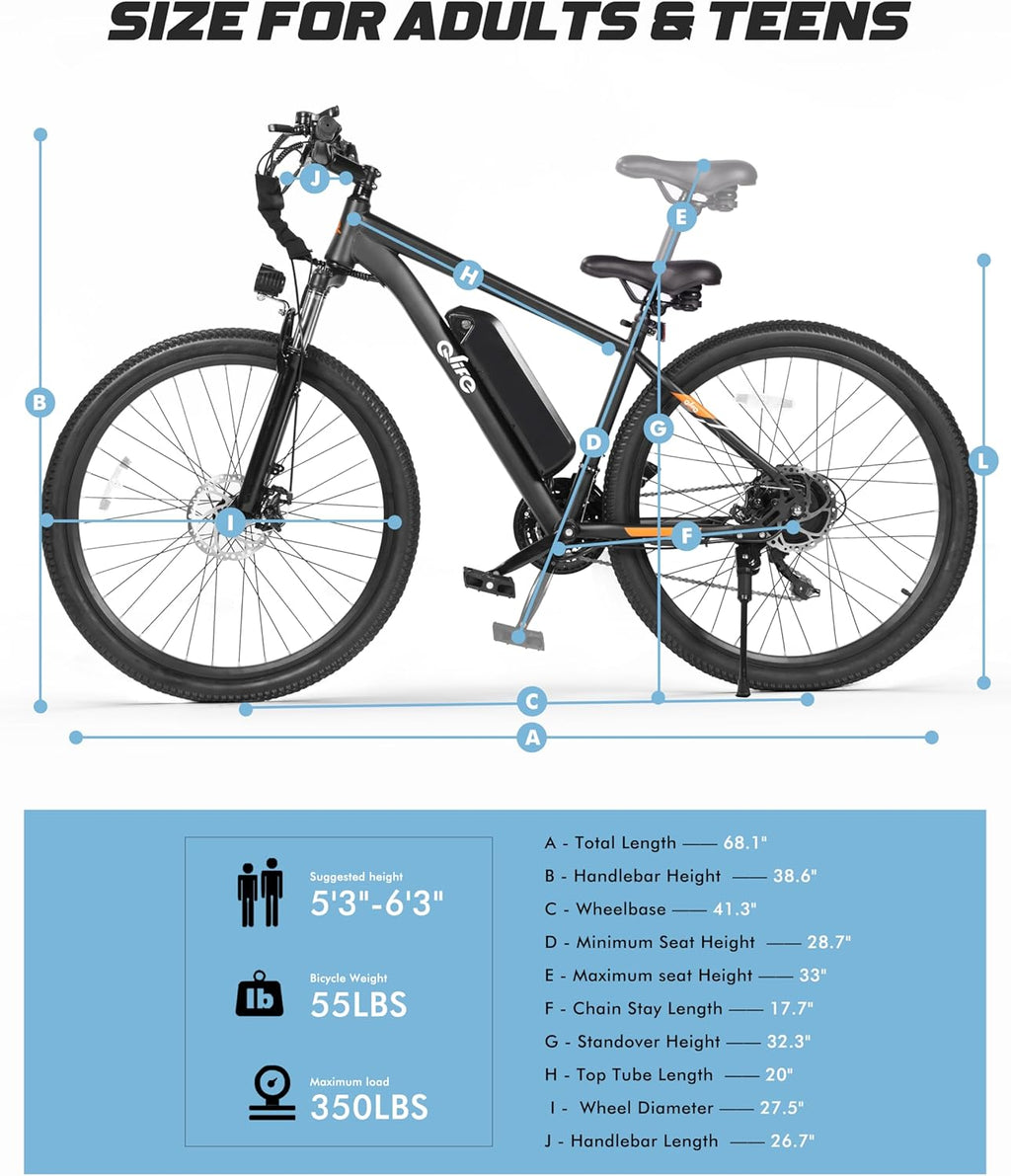 Electric Mountain Bike for Adults & Teens, 1200W Peak Motor, 21-Speed Drivetrain, Up to 55-Mile Range, 27.5" All-Terrain E-Bike