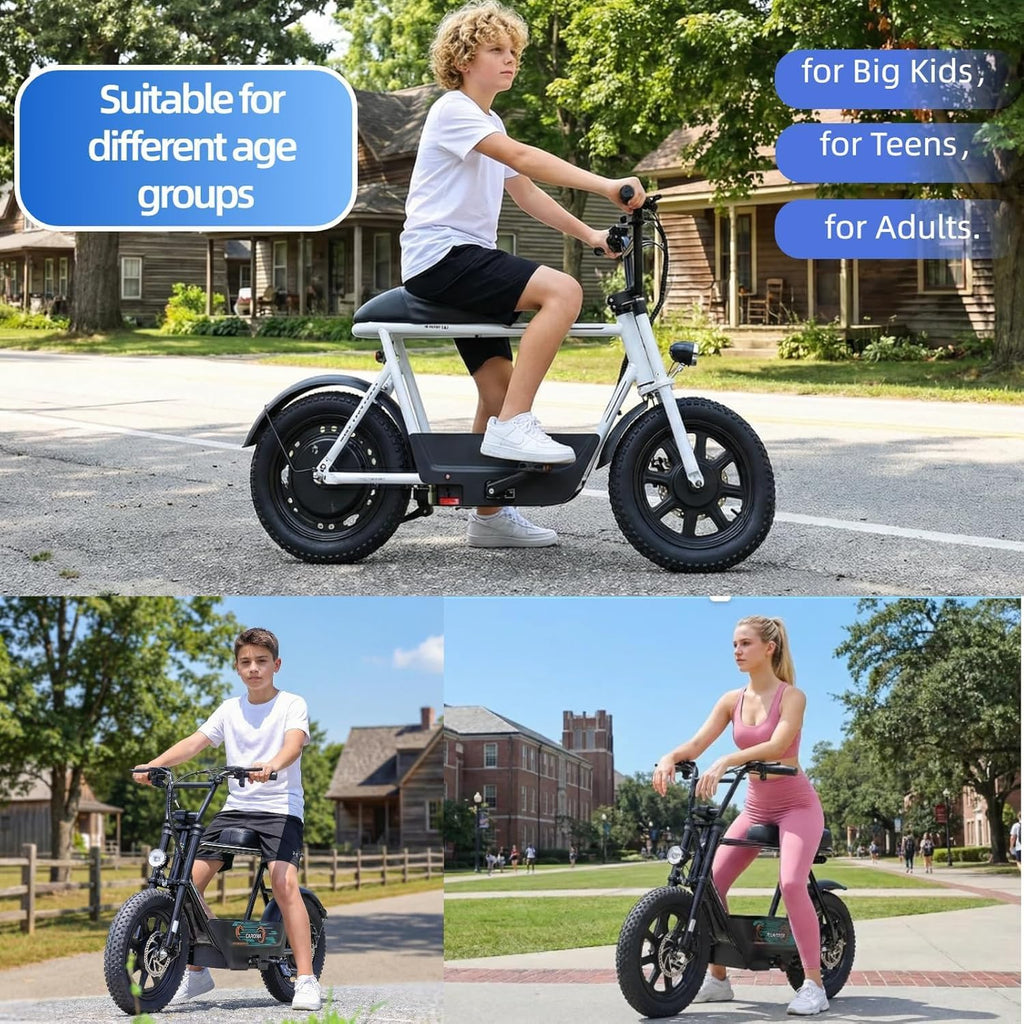Electric Scooter with Seat – 16" Fat Tire Mini E-Bike for Adults with Basket, Cargo & Pet Carrier Design