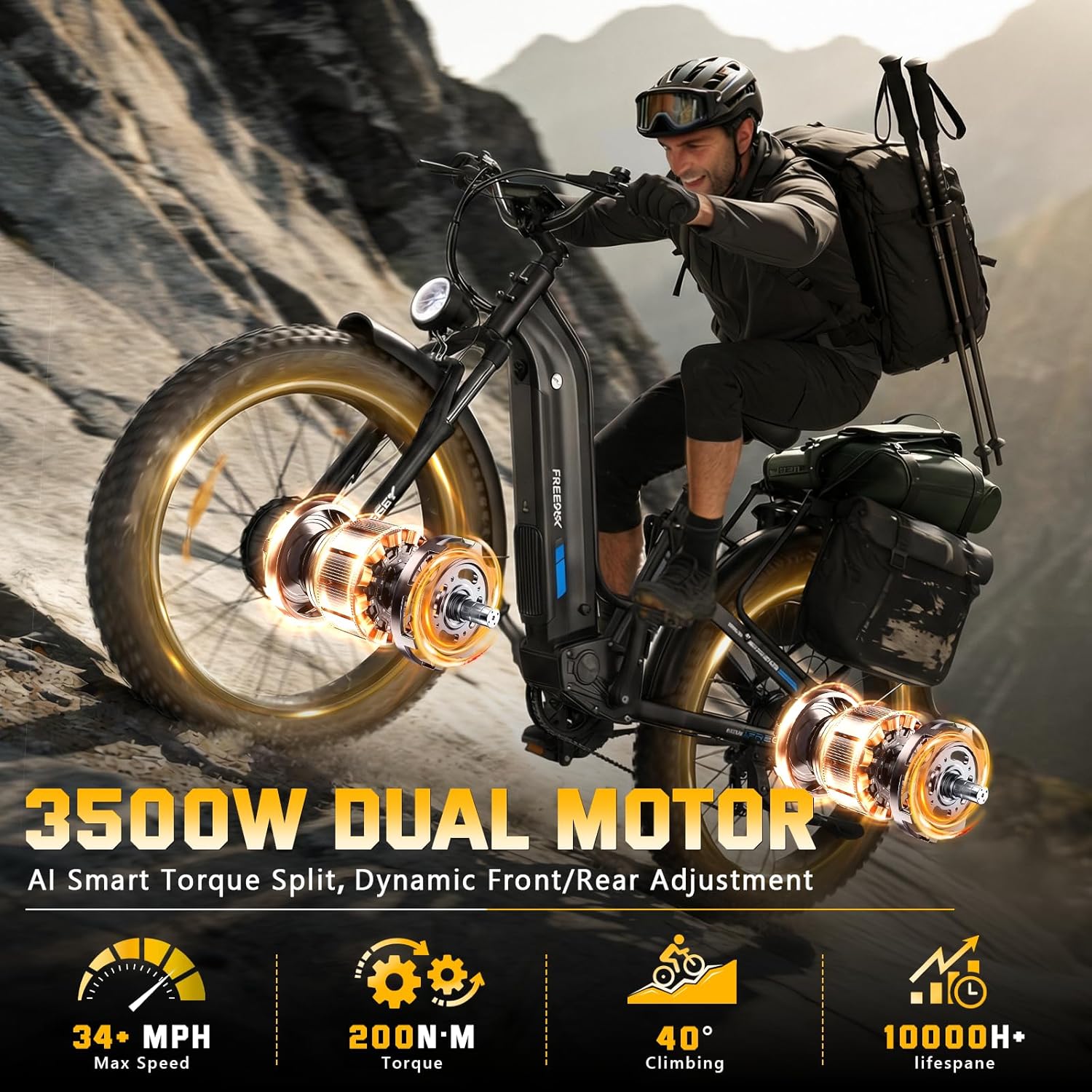 Dual Motor Electric Mountain Bike for Adults, 3500W Peak Power, Full Suspension, 26" Fat Tire Long-Range E-Bike