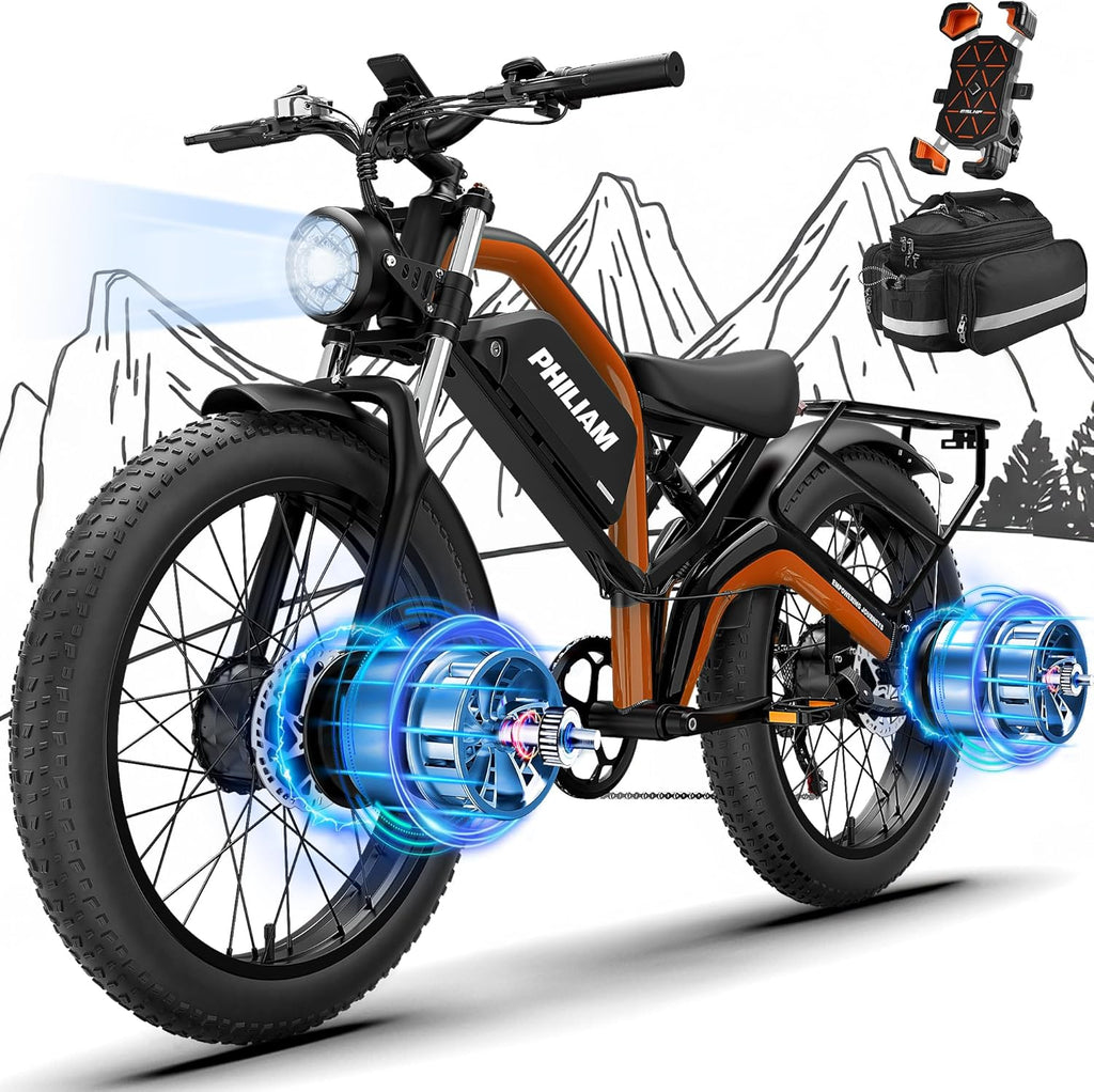 26" Fat Tire Electric Bike for Adults with 3000W/5000W Peak Dual Motor, Full Suspension, Up to 35 MPH & 80–100 Miles Range