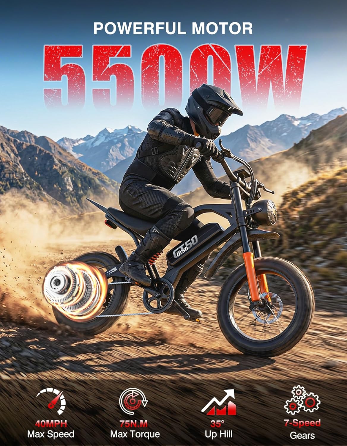 Electric Off-Road Bike for Adults, Full Suspension All-Terrain E-Bike, Hydraulic Brakes, Multi-Speed Drivetrain