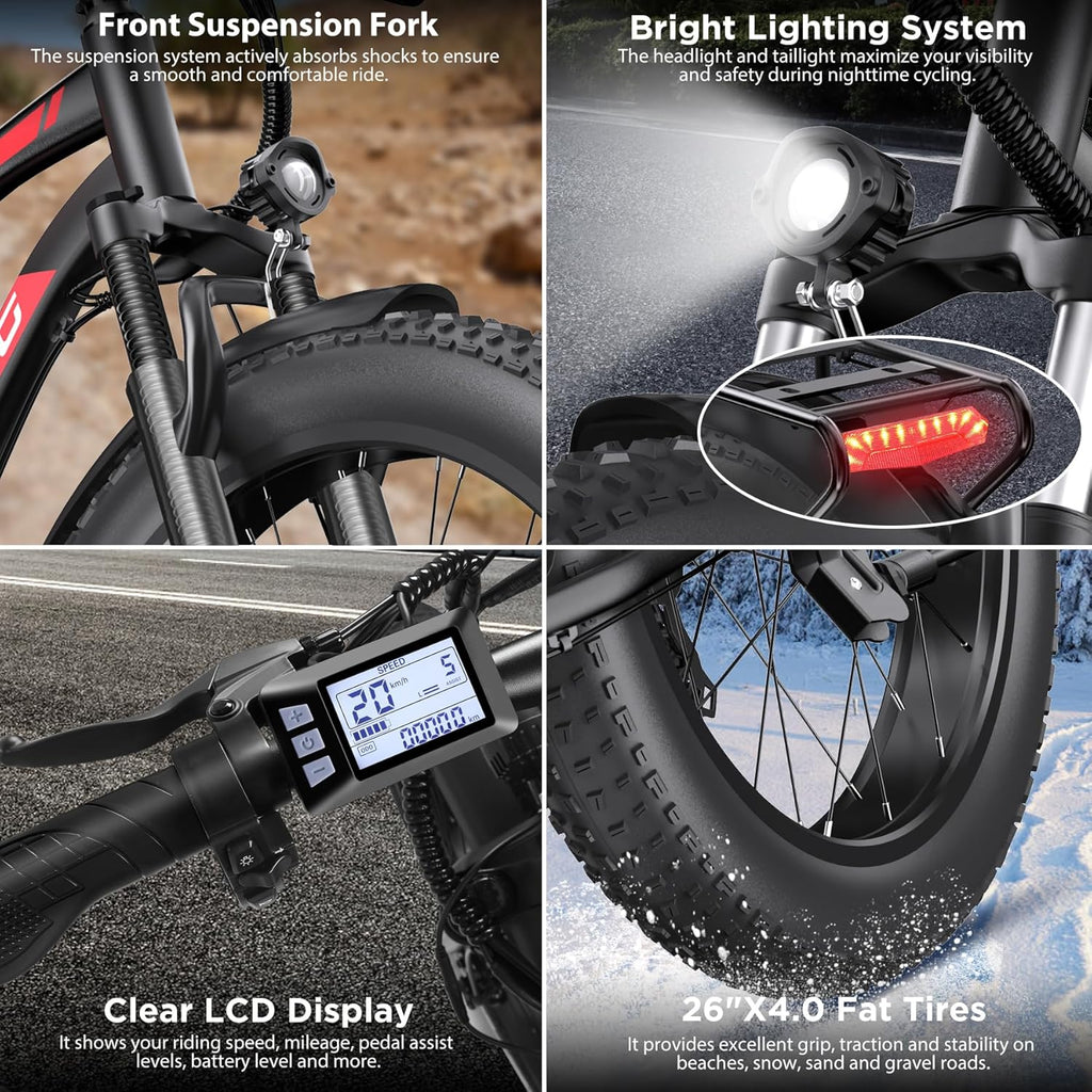 1000W Peak Electric Mountain Bike for Adults – 26-Inch Fat Tire E-Bike with Front Suspension, 7-Speed Gear System, Rear Rack & Up to 60-Mile Range