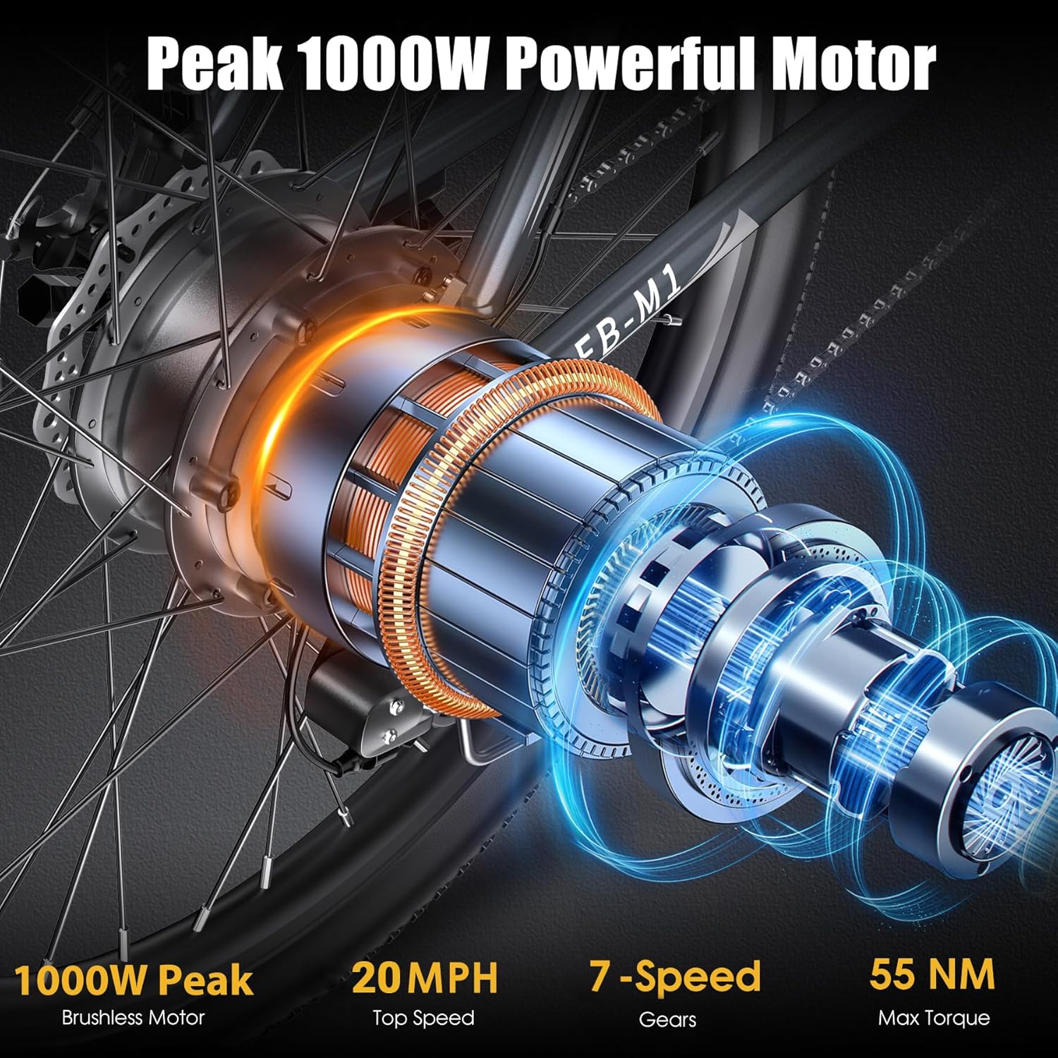 1000W Peak Electric Mountain Bike for Adults – 26-Inch E-Bike with Front Suspension, 7-Speed Gears, Fenders & Up to 50-Mile Range