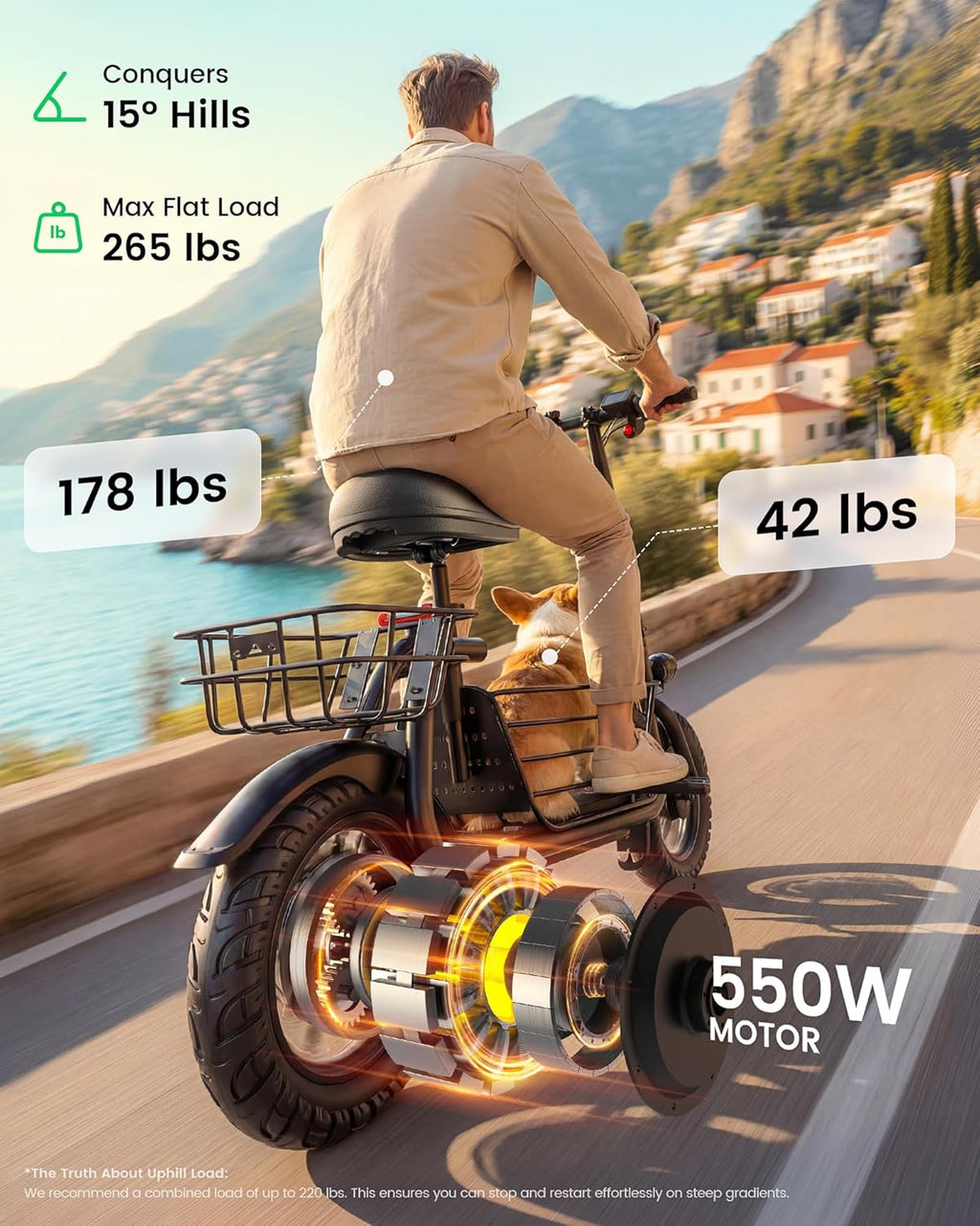 Electric Scooter with Seat for Adults, 550W Motor, Up to 19 MPH, 20 Miles Range, Foldable Commuter Scooter with Basket & 12" Pneumatic Tires