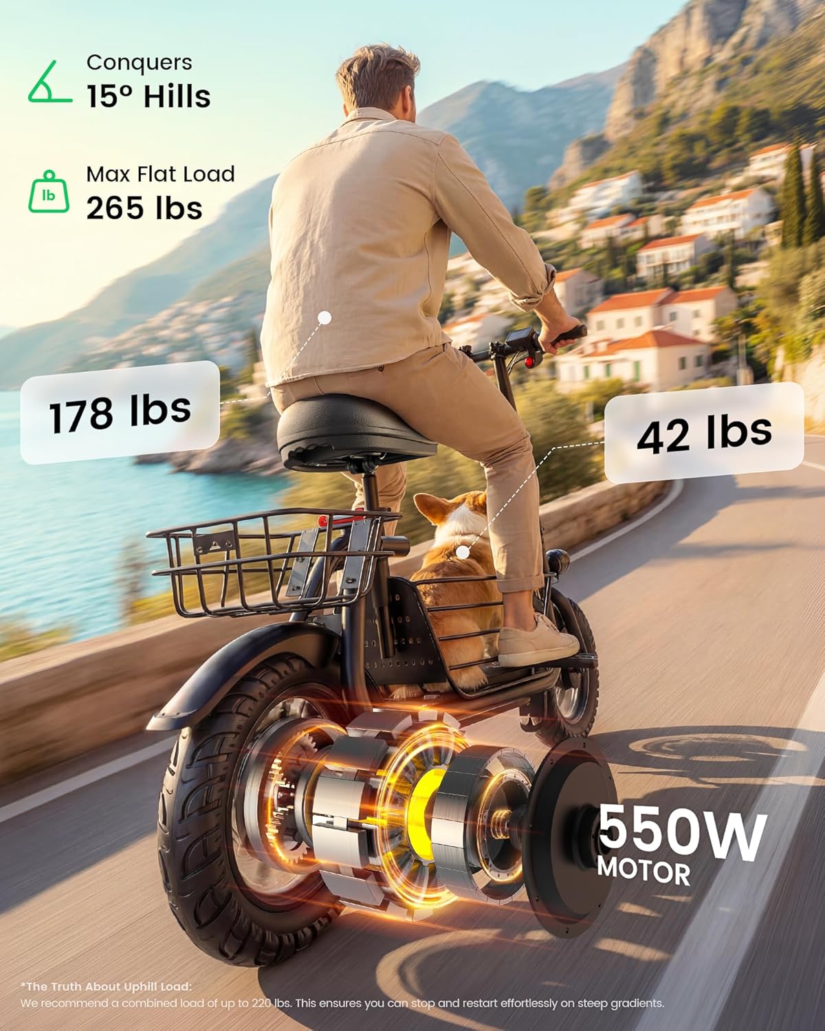 Electric Scooter with Seat for Adults, 550W Motor, Up to 19 MPH, 20 Miles Range, Foldable Commuter Scooter with Basket & 12" Pneumatic Tires