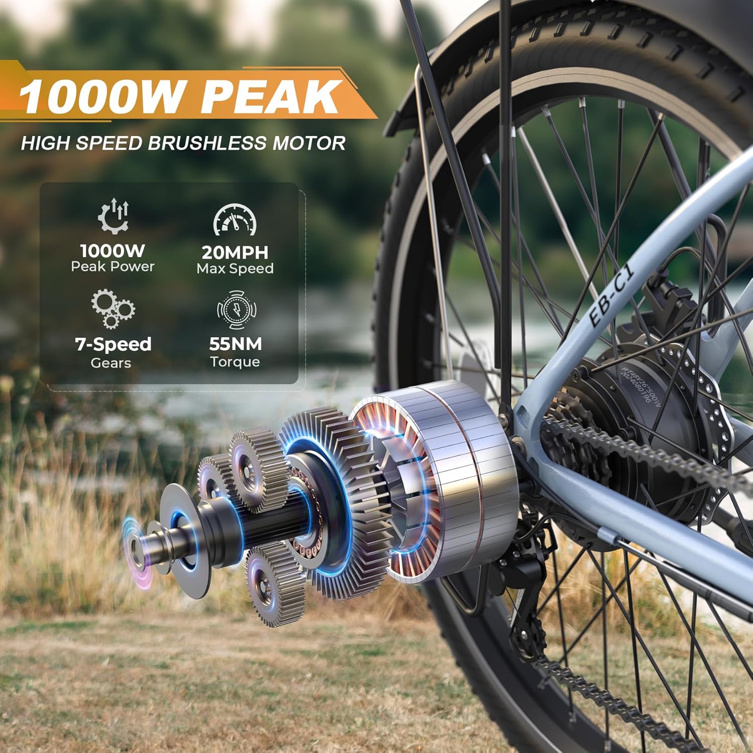26-Inch City Cruiser Electric Bike for Adults – 1000W Peak Motor, 7-Speed Commuter E-Bike, Up to 20 MPH & 50-Mile Range