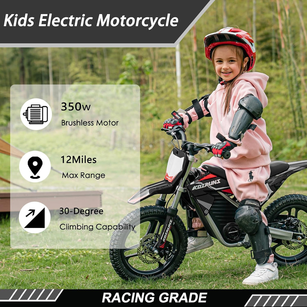 36V Electric Dirt Bike for Kids, 350W Brushless Motor, 3-Speed Control, Up to 18.6 MPH, 14-Inch Off-Road Tires, Black