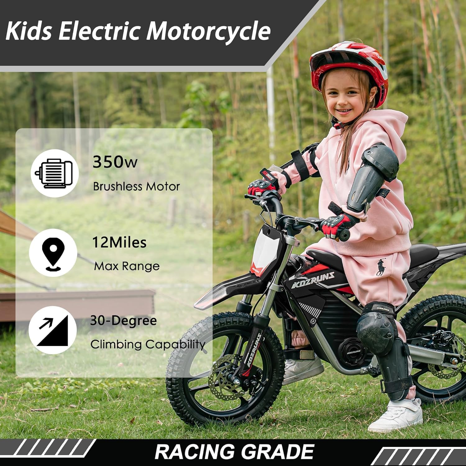 36V Electric Dirt Bike for Kids, 350W Brushless Motor, 3-Speed Control, Up to 18.6 MPH, 14-Inch Off-Road Tires, Black