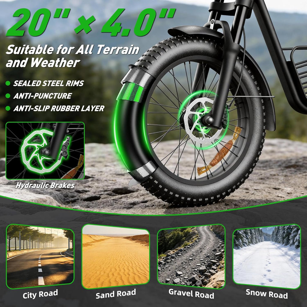 20-Inch Fat Tire Electric Bike for Adults, Long-Range All-Terrain E-Bike, Motorcycle-Style Design, USA Stock
