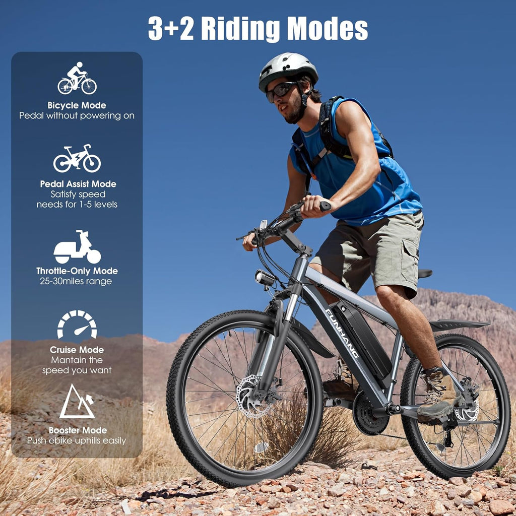 1000W Peak Electric Mountain Bike for Adults – 26-Inch E-Bike with Front Suspension, 7-Speed Gears, Fenders & Up to 50-Mile Range