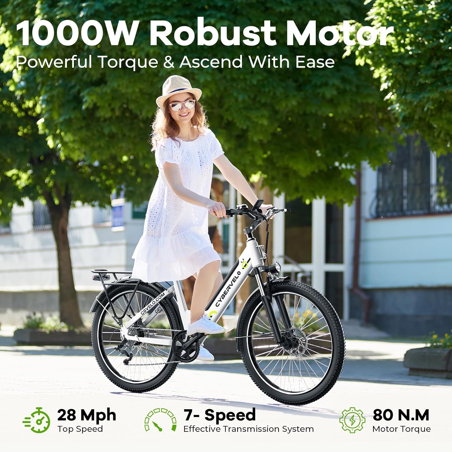 26" Electric Bike for Adults, 750W Peak Motor, Up to 80-Mile Range, 7-Speed All-Terrain E-Bike