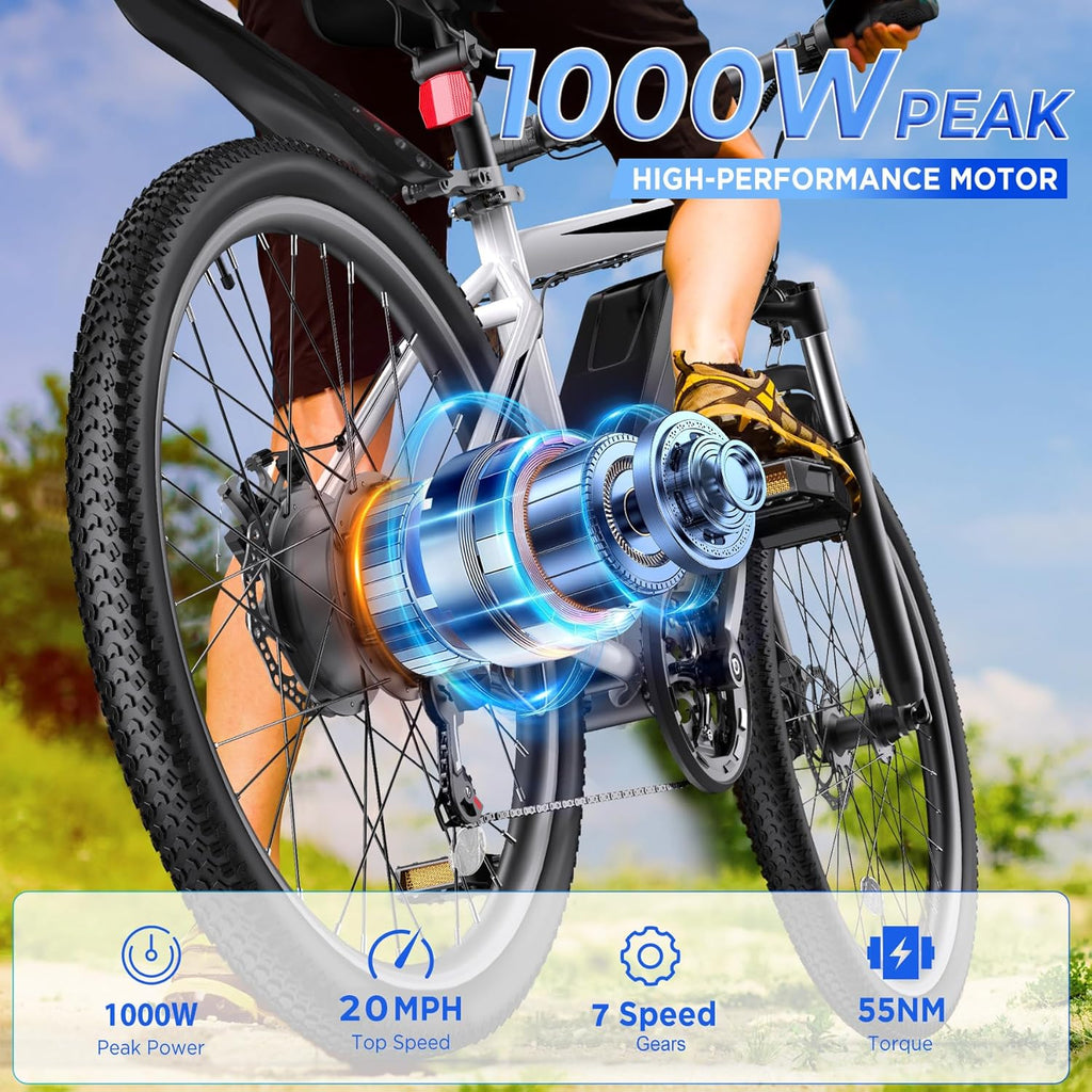Electric Mountain Bike for Adults – 26" Ebike, 1000W Peak Motor, 20 MPH, 50-Mile Range, 7-Speed with Front Suspension and LCD Display