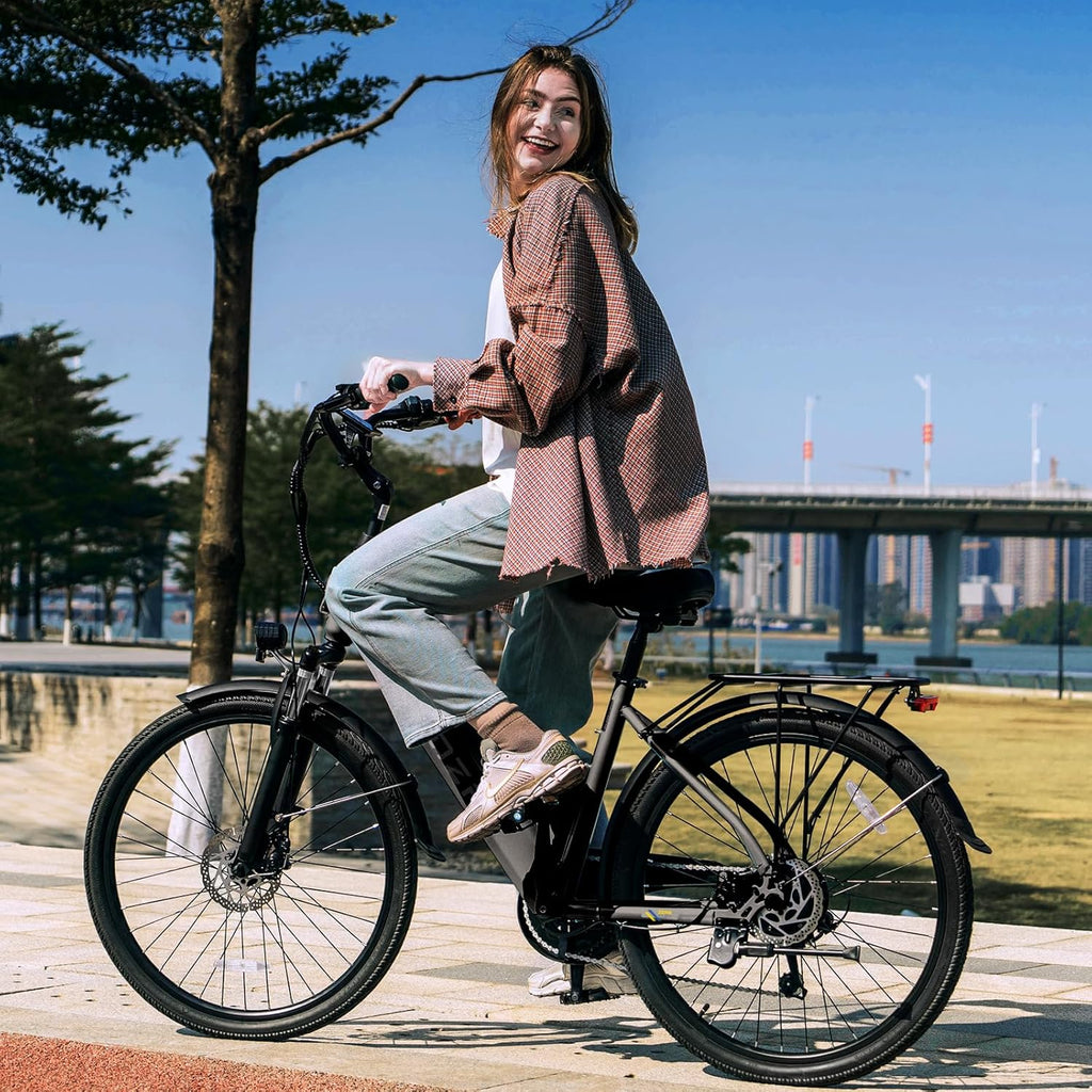 1000W Peak Electric Bike for Adults – Step-Through Commuter E-Bike with 7-Speed Gear System & Rear Cargo Rack