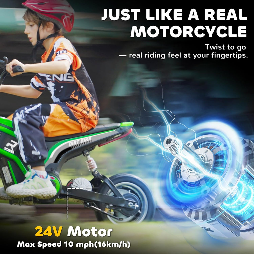 Electric Dirt Bike 350W Off-Road Motorcycle, Twist Grip Throttle, Up to 15 MPH, Rear Suspension, Music & Horn, Hand Brake, Green