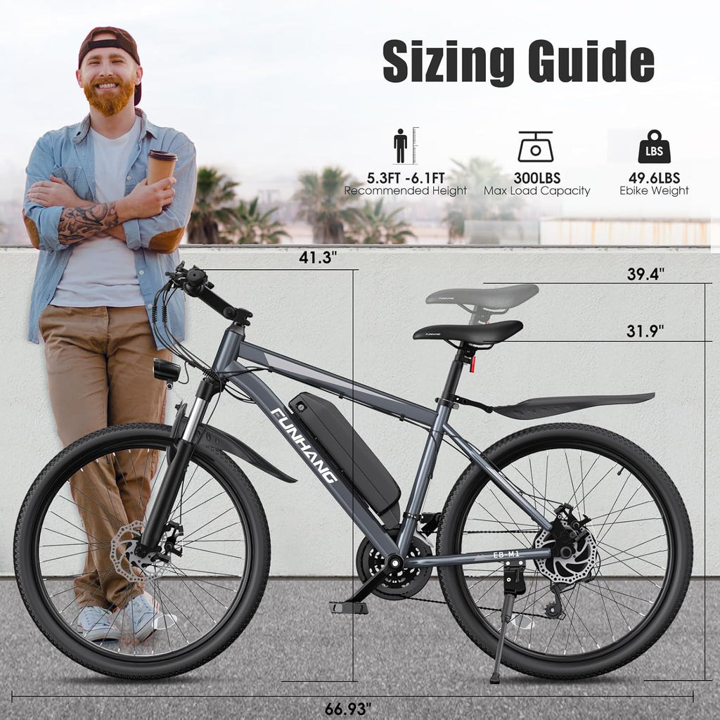 1000W Peak Electric Mountain Bike for Adults – 26-Inch E-Bike with Front Suspension, 7-Speed Gears, Fenders & Up to 50-Mile Range