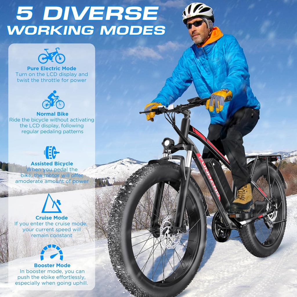 1000W Peak Electric Mountain Bike for Adults – 26-Inch Fat Tire E-Bike with Front Suspension, 7-Speed Gear System, Rear Rack & Up to 60-Mile Range