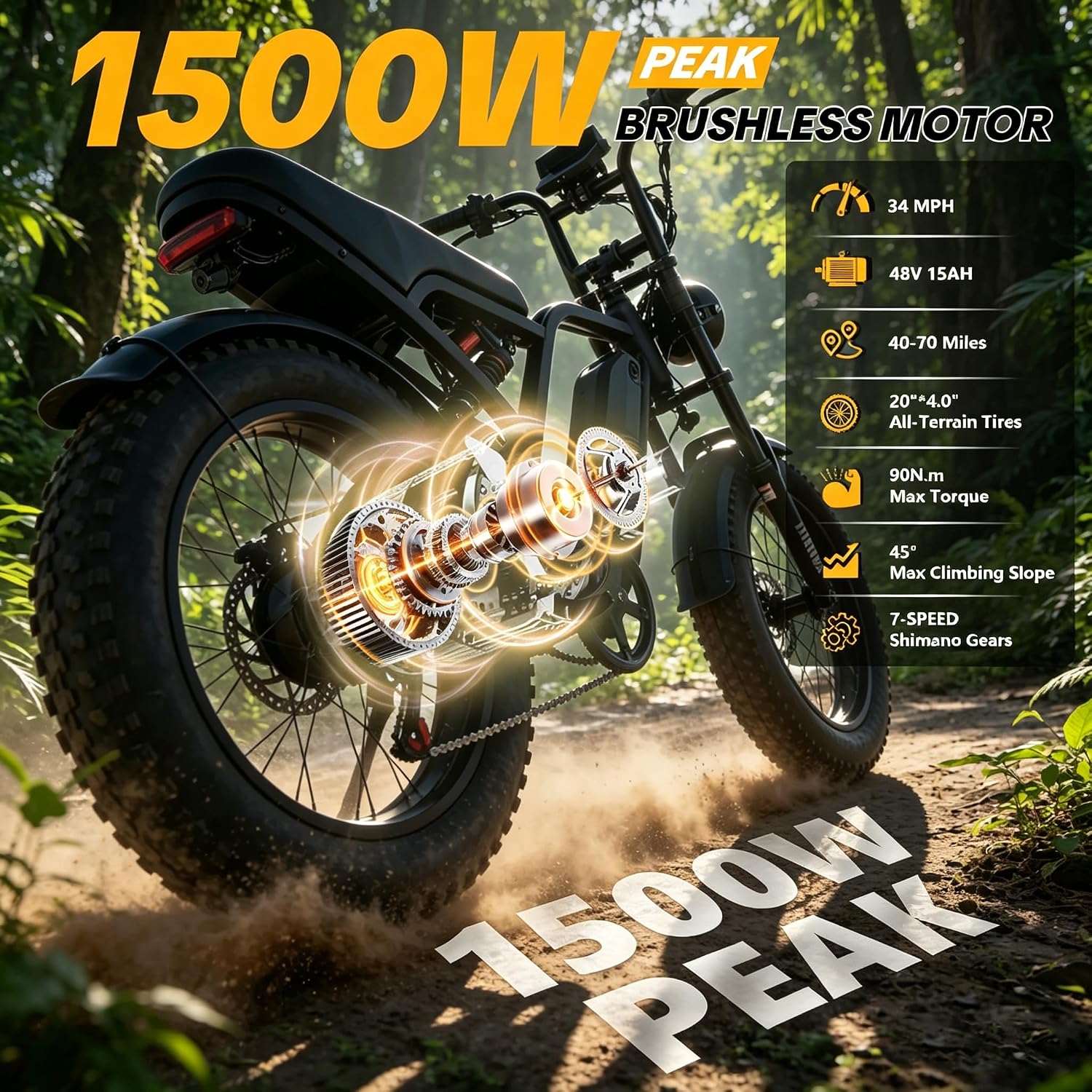 1500W Peak Electric Fat Tire Bike for Adults, 30MPH All-Terrain E-Bike with Removable Power Pack, Hydraulic Disc Brakes, 20" Tires, Up to 50-Mile Range
