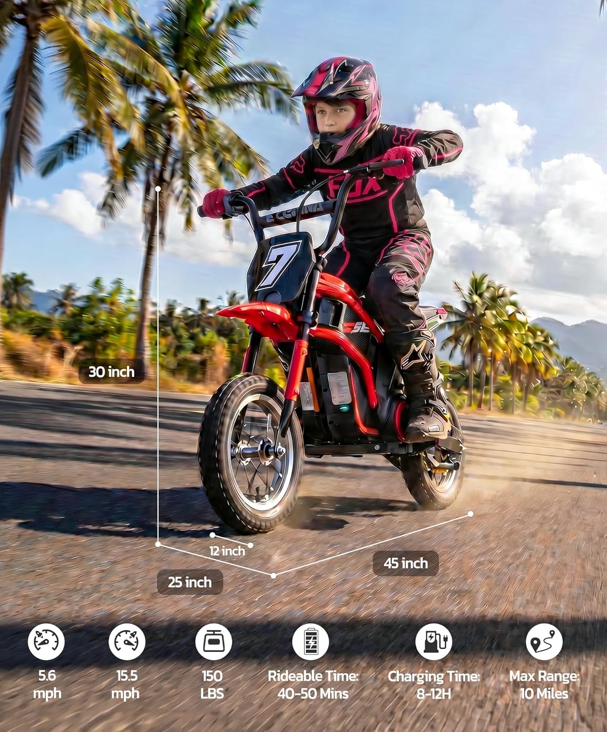 Electric Dirt Bike for Kids – 350W Ride-On Motorcycle with 12” Air Tires, 3-Speed Control & LED Display