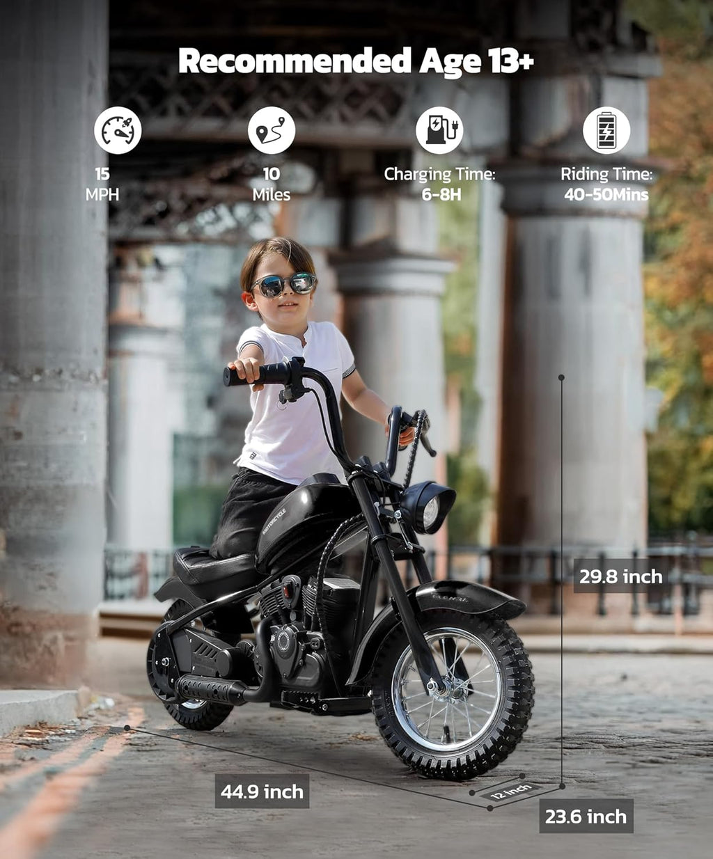 Electric Dirt Bike for Kids – 15 MPH Ride-On Motorcycle with LED Lights, Air-Filled Tires & Hand Brake