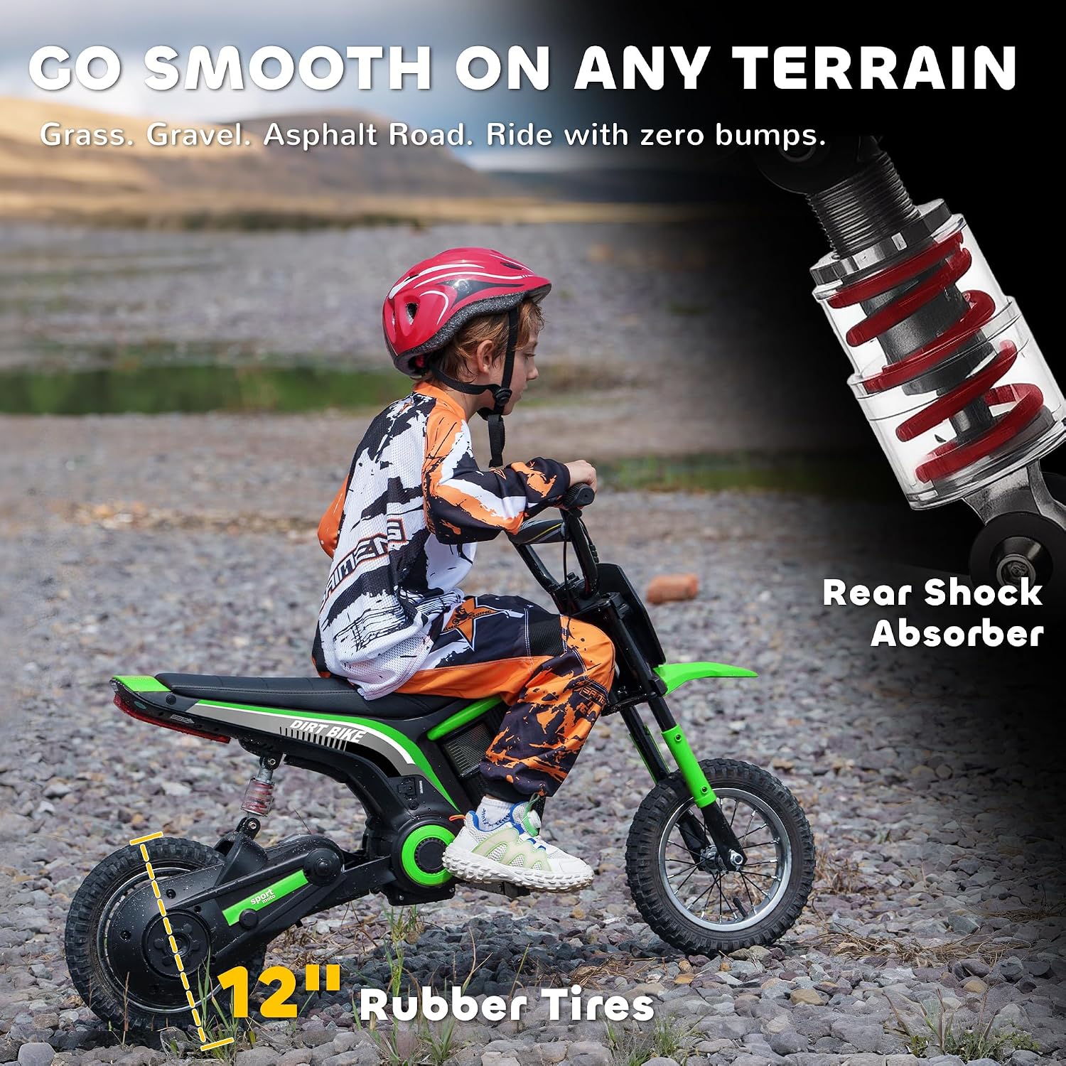 Electric Dirt Bike 350W Off-Road Motorcycle, Twist Grip Throttle, Up to 15 MPH, Rear Suspension, Music & Horn, Hand Brake, Green
