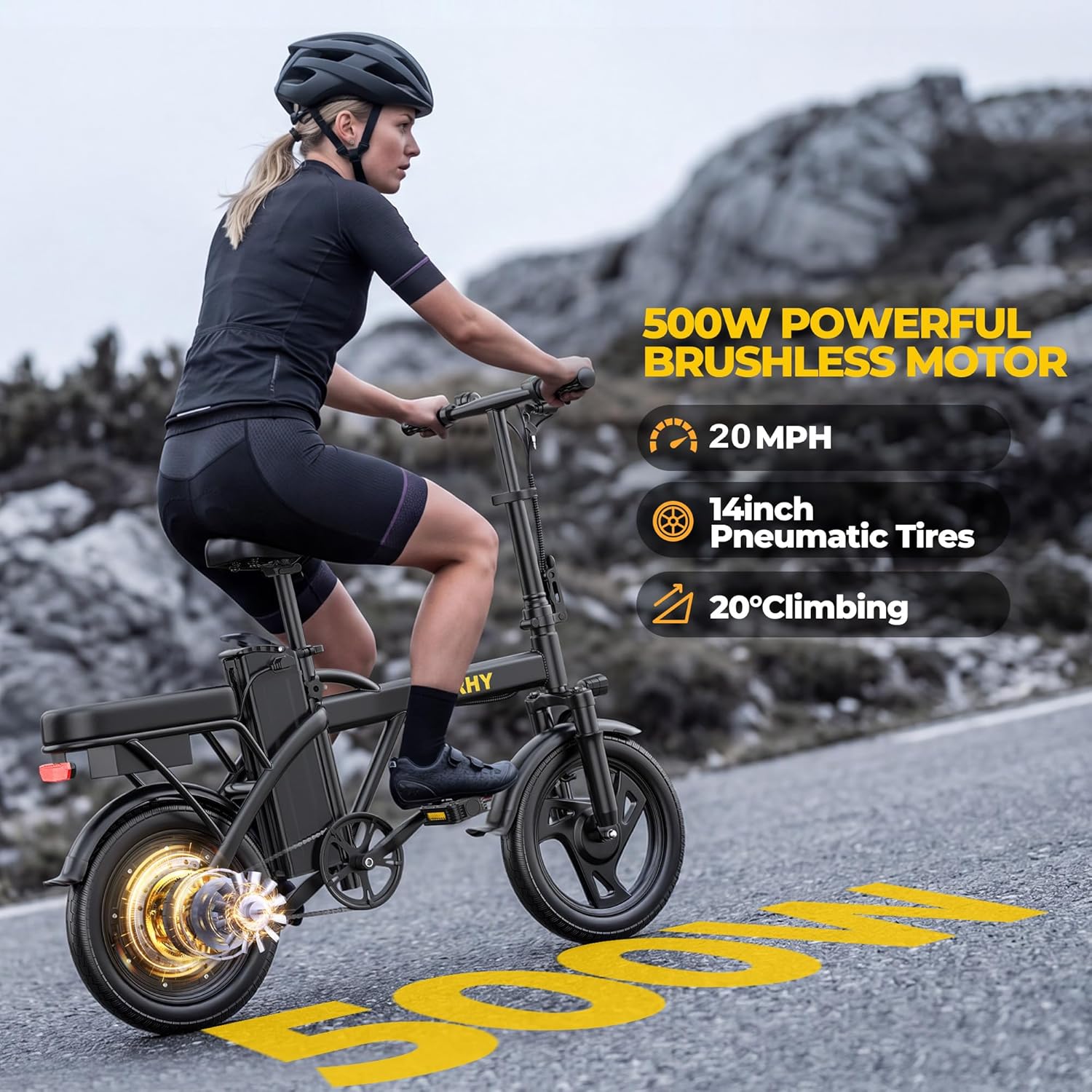 Folding Electric Bike for Adults – 500W Motor, 14" Mini Ebike, 20 MPH, Up to 20-Mile Range