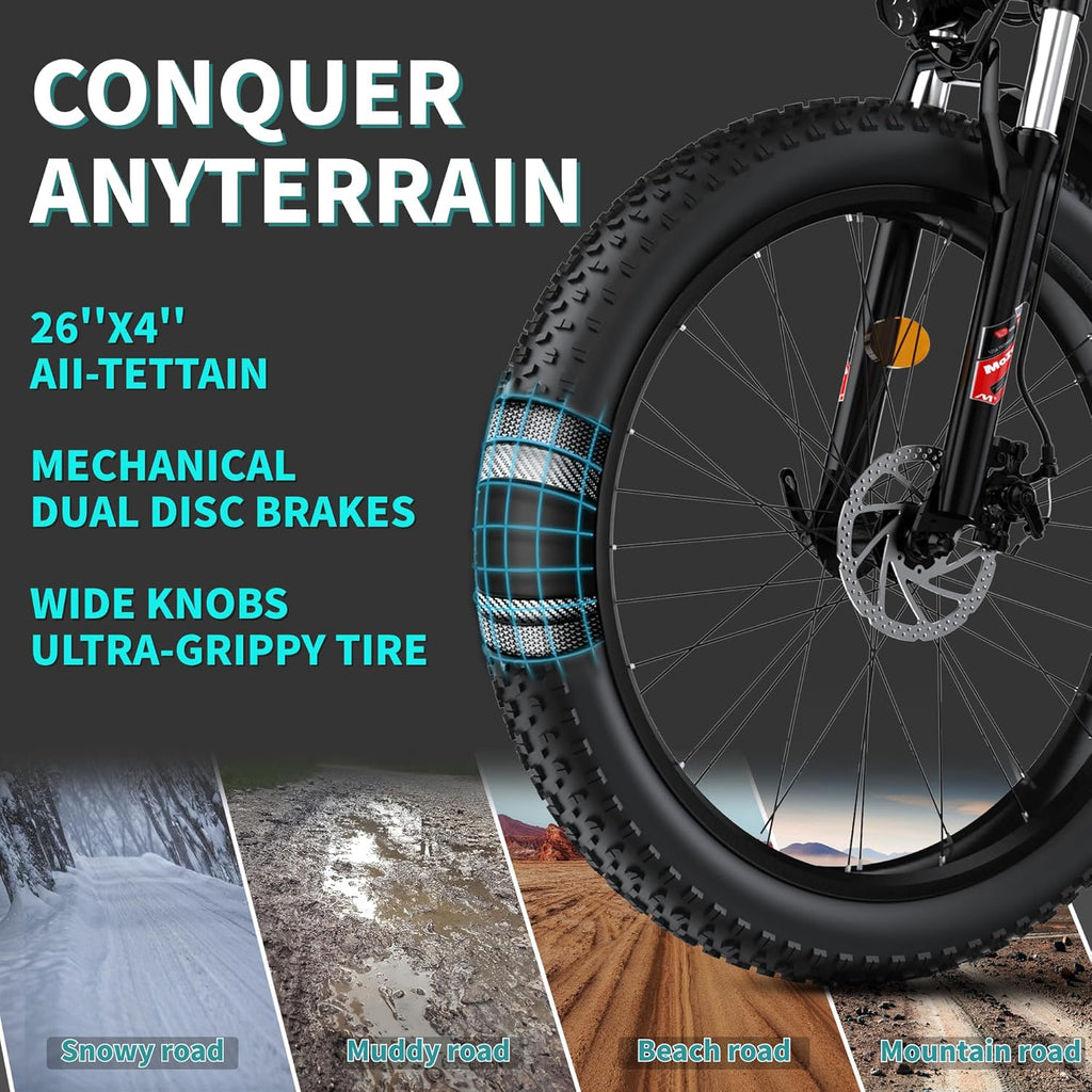 2000W Peak Electric Mountain Bike for Adults – 26" Fat Tire E-Bike, 34 MPH Top Speed, Up to 60 Miles Range