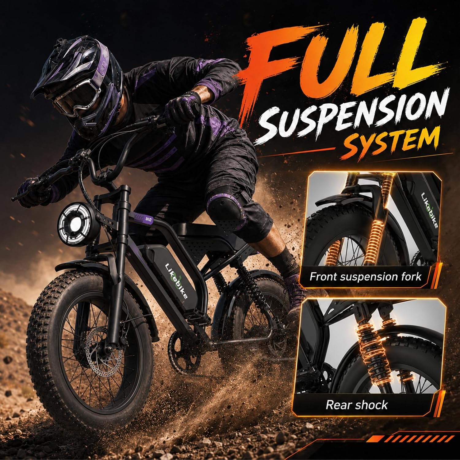20" Fat Tire Electric Mountain Bike for Adults with 1500W/2000W/3000W Peak Motor, Full Suspension, Hydraulic Disc Brakes & 7-Speed Gear System