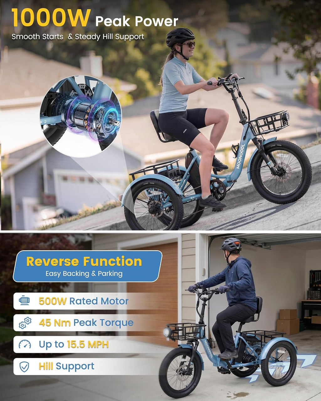 Folding Electric Tricycle for Adults with 500W/750W Motor, 20" x 3.0" Fat Tires, Step-Through Aluminum Frame, Reverse Function & 3-Wheel Design