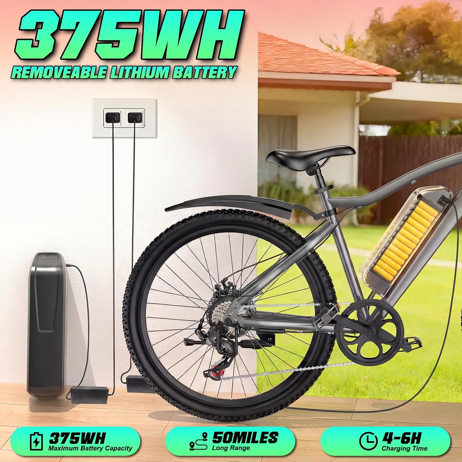 26" Electric Bike for Adults, 720W Peak Motor, 7-Speed Commuter E-Bike, Up to 50-Mile Range, All-Terrain Electric Bicycle