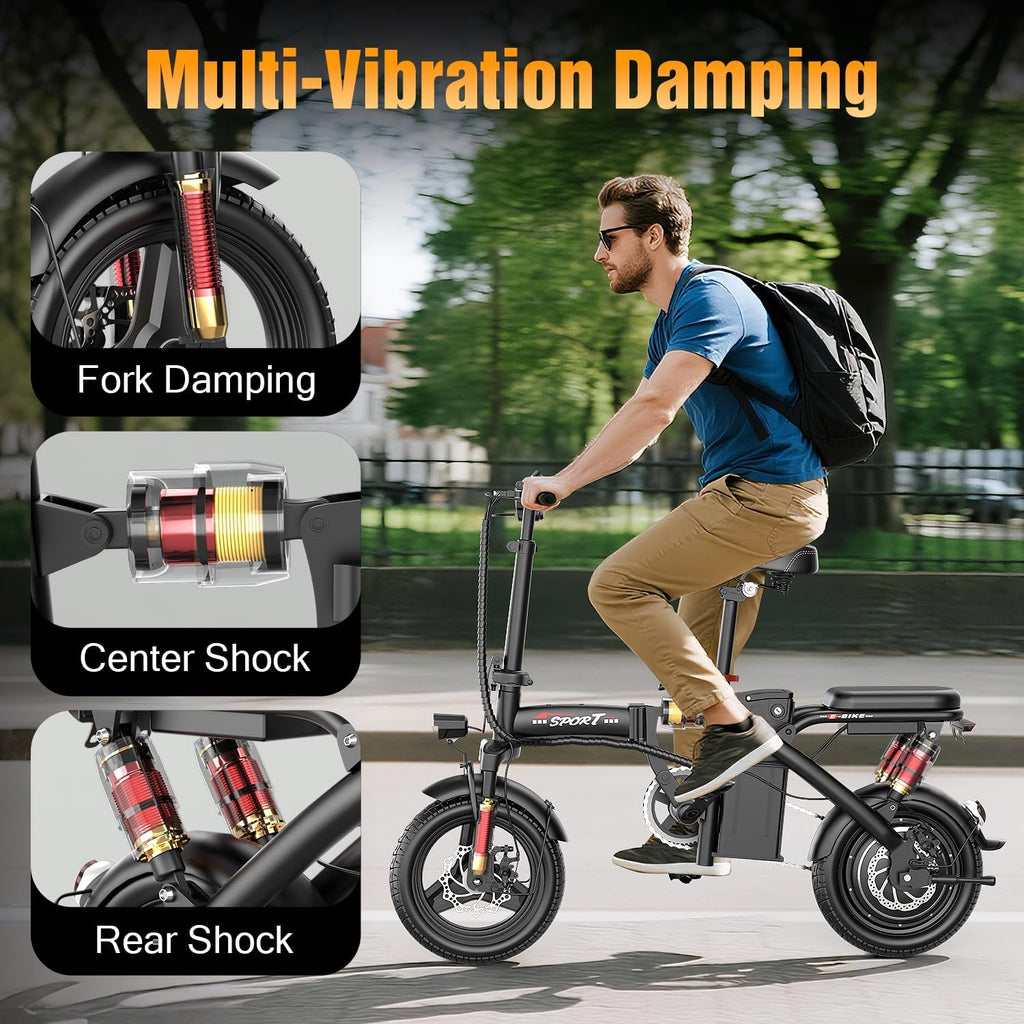 Folding Electric Bike for Adults & Teens with 800/1200W Peak Motor, 14" Wheels, Dual Suspension, Dual Brakes, 3 Riding Modes & Up to 45 Miles Range