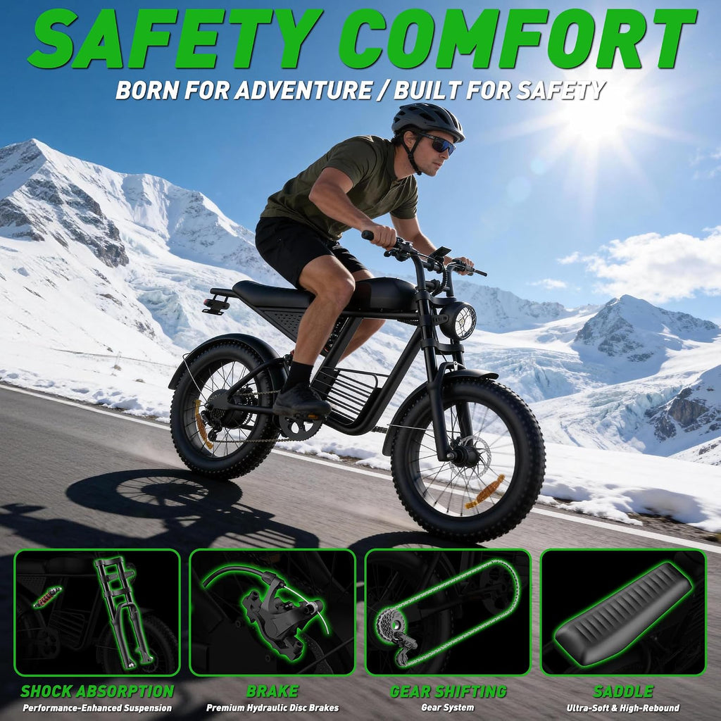 20-Inch Fat Tire Electric Bike for Adults, Long-Range All-Terrain E-Bike, Motorcycle-Style Design, USA Stock