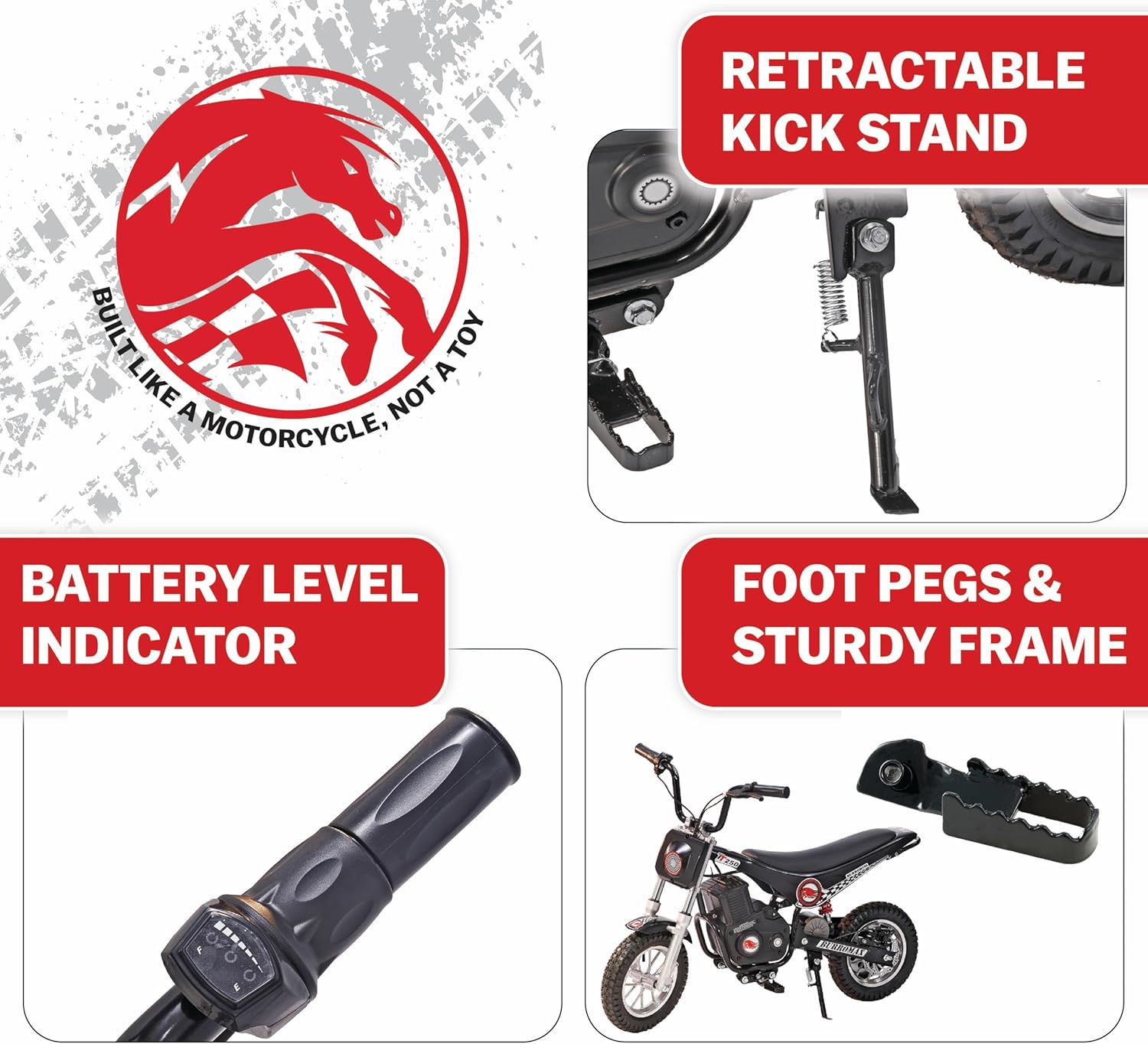 Kids Electric Dirt Bike – 250W Off-Road Mini Bike with 2-Speed Modes, Up to 14 MPH & 150 lb Rider Capacity
