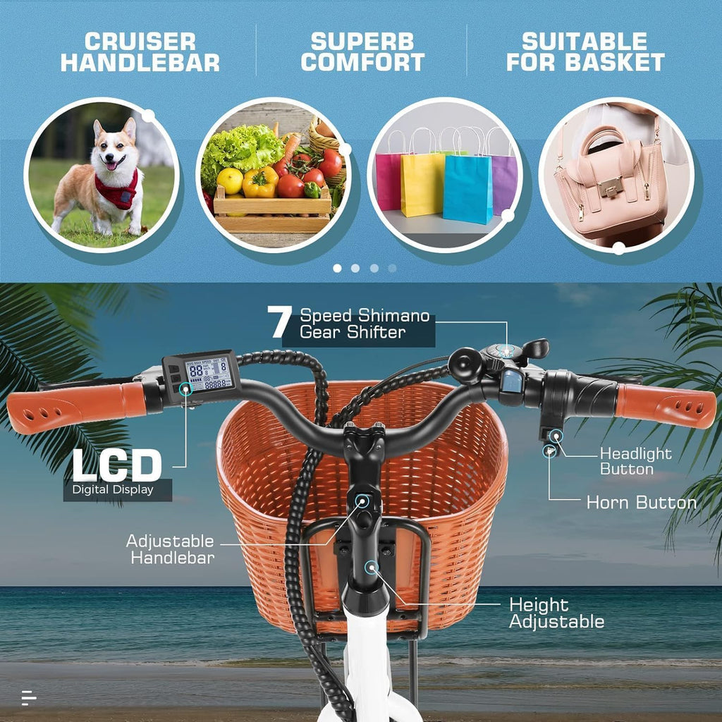 26" Step-Through Electric City Bike for Adults – Commuter E-Bike with Basket, LCD Display & Low-Step Frame