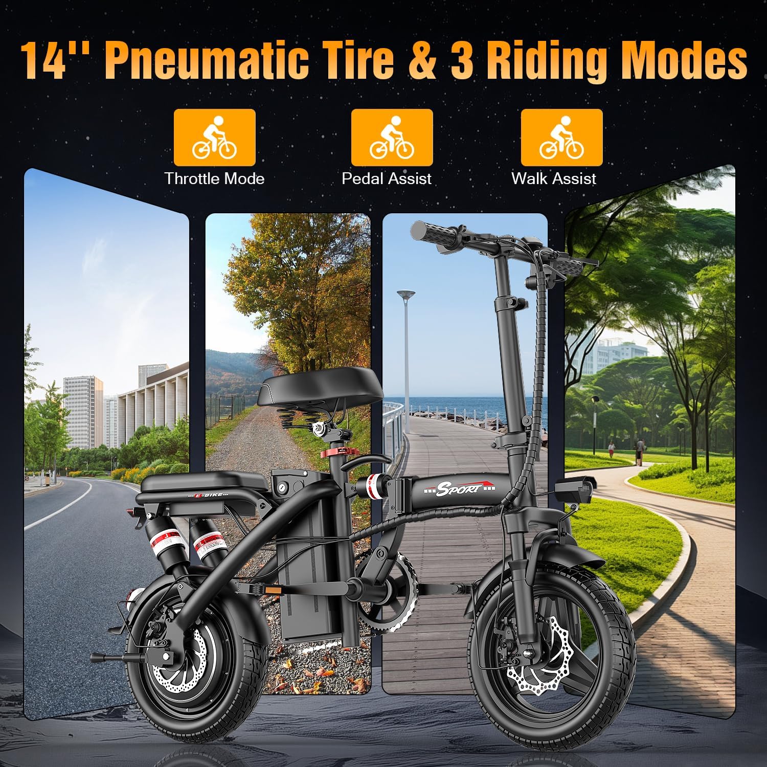 Folding Electric Bike for Adults & Teens with 800/1200W Peak Motor, 14" Wheels, Dual Suspension, Dual Brakes, 3 Riding Modes & Up to 45 Miles Range