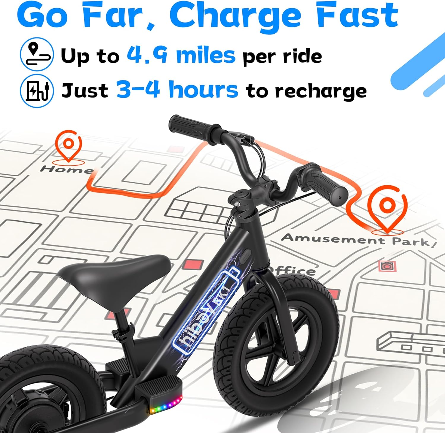Electric Balance Bike for Kids Ages 3–5, 12-Inch Tires, Adjustable Seat, Up to 9 MPH, 4.9 Miles Range, Lightweight Electric Ride-On Bike