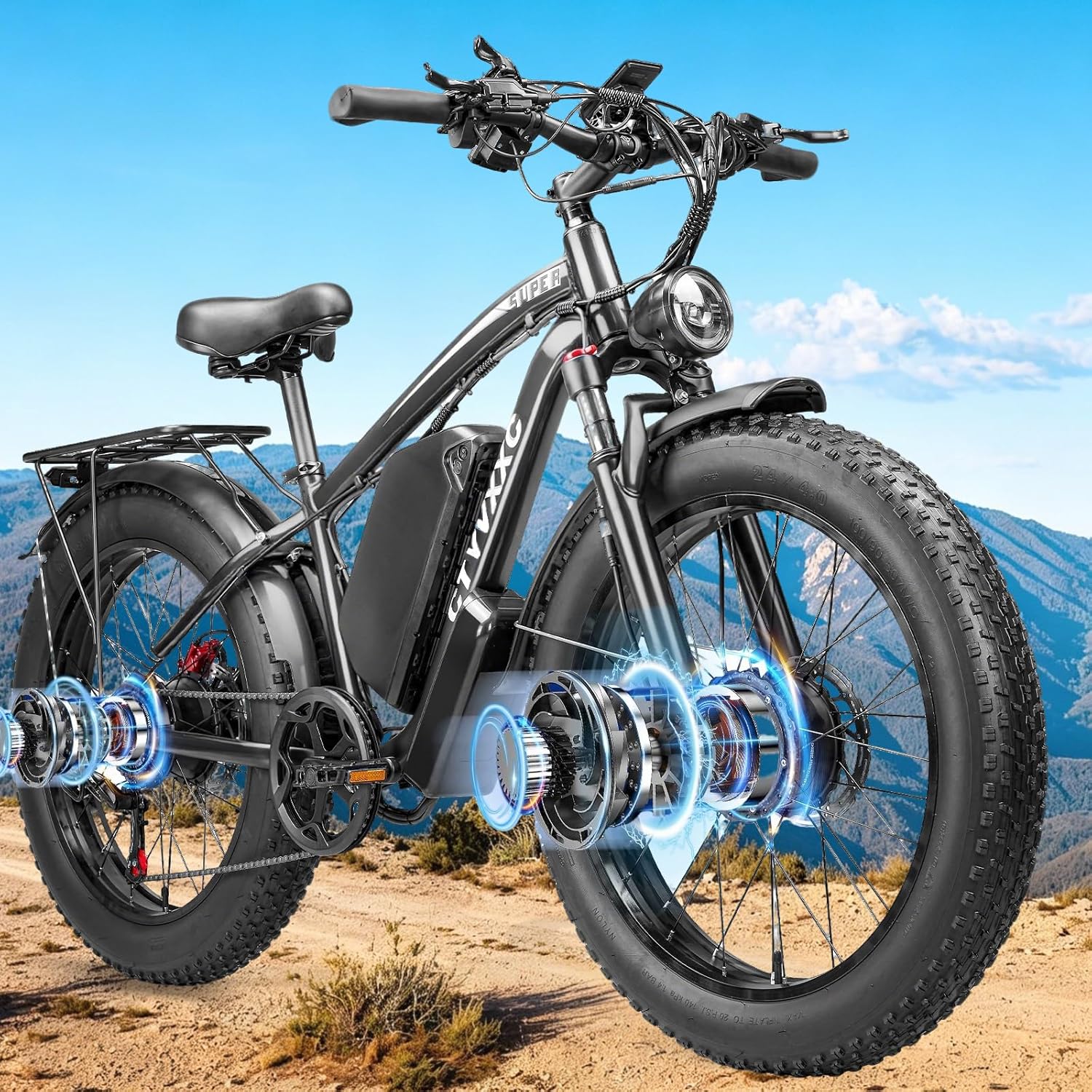 Dual Motor Electric Fat Tire Bike for Adults, 9000W Peak Power, Up to 45 MPH, 24" All-Terrain E-Bike with Lockable Suspension