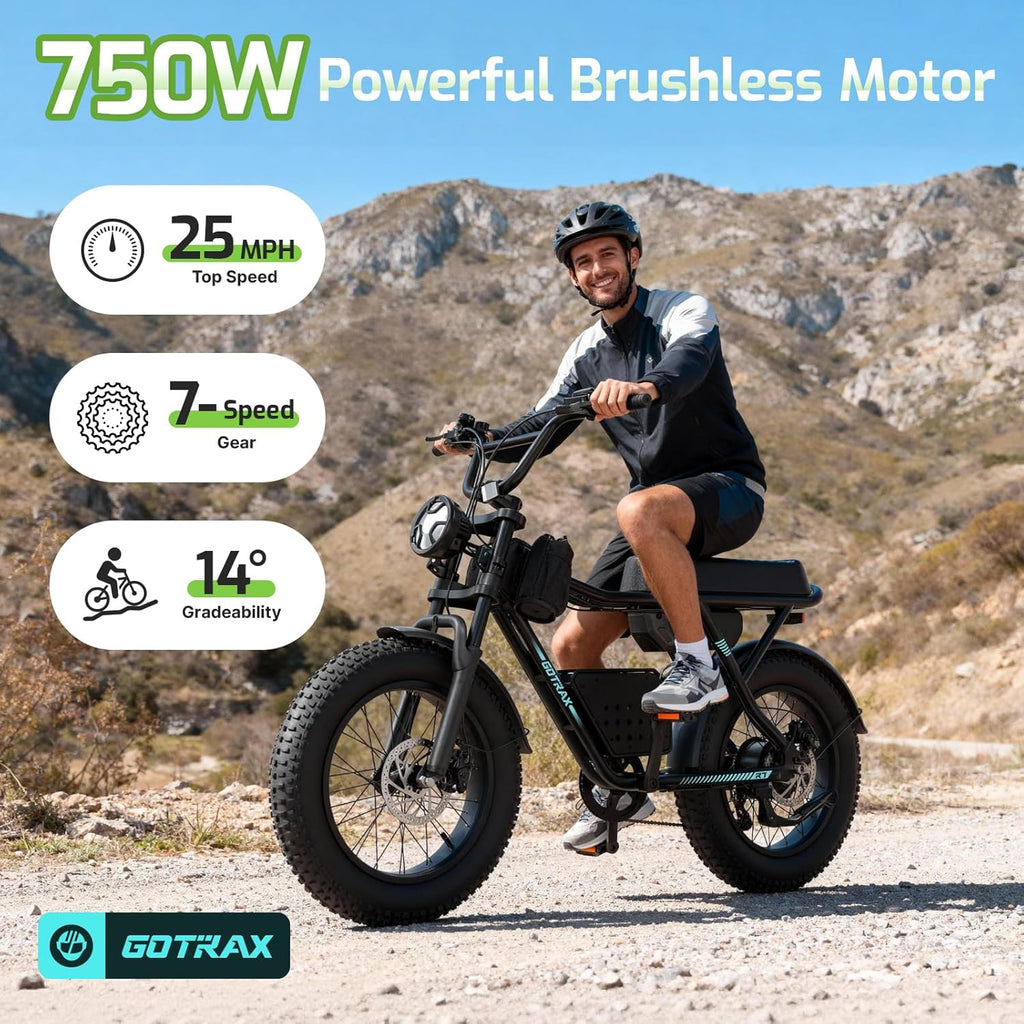 750W Electric Bike for Adults – 20" Fat Tire E-Bike, 25 MPH Top Speed, Up to 45 Miles Range, Basket & Frame Bag Included