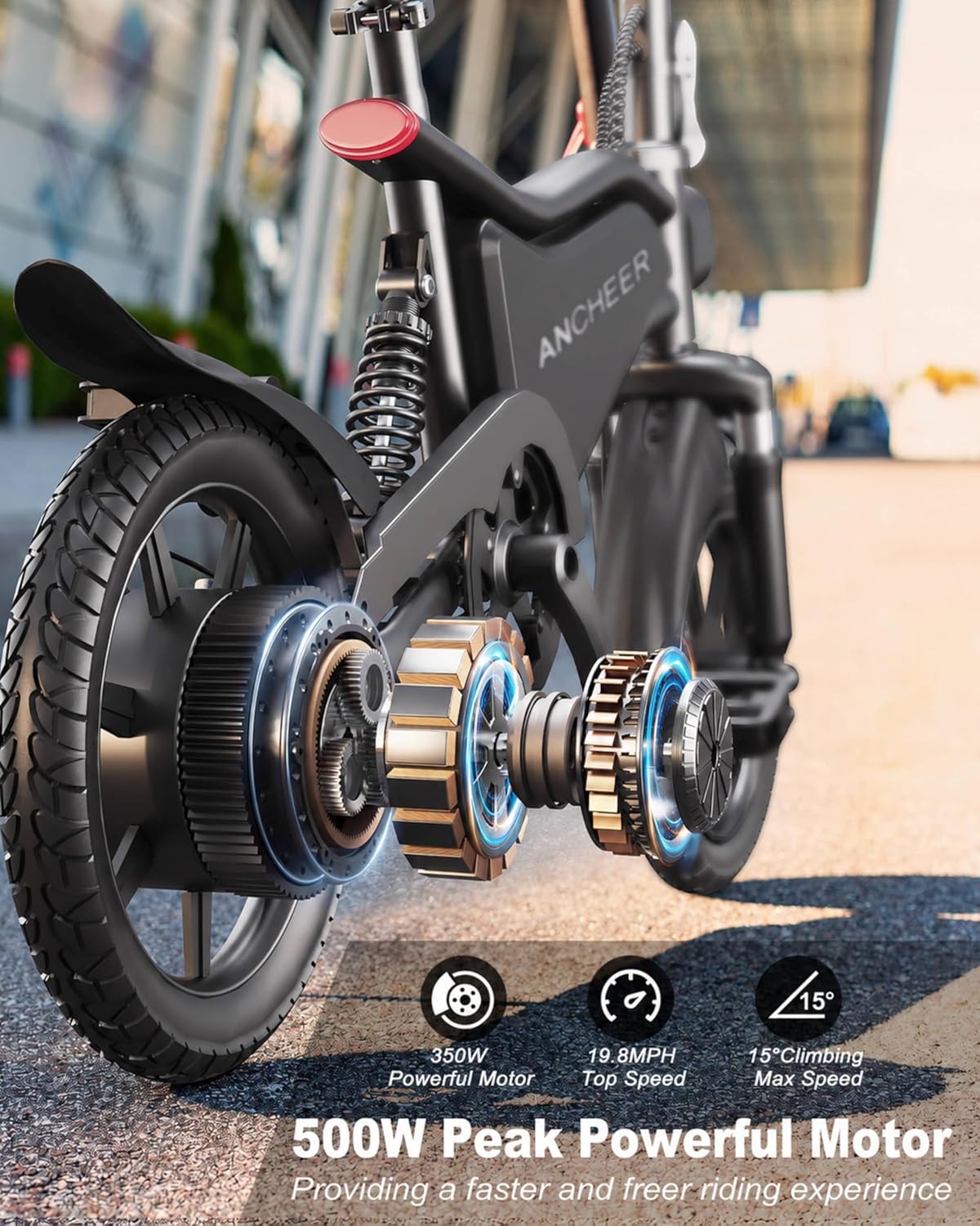 14-Inch Folding Electric Bike for Teens & Adults – 500W Motor, Compact City E-Bike with Triple Shock Absorption, Cruise Control & Brake Taillight