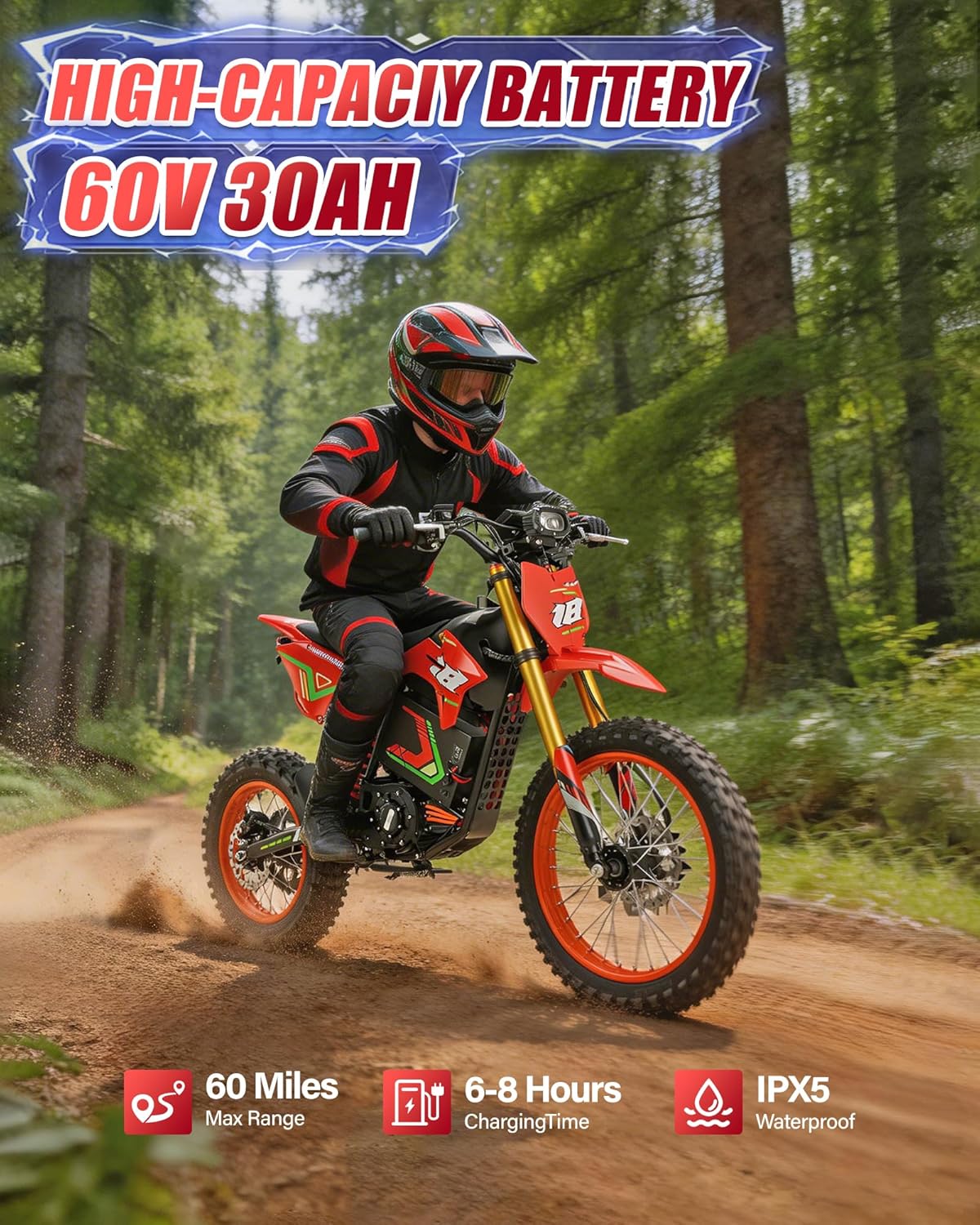Electric Dirt Bike for Adults, 6000W Peak Mid-Drive Motor, Up to 46 MPH, 60-Mile Range, Dual Hydraulic Brakes
