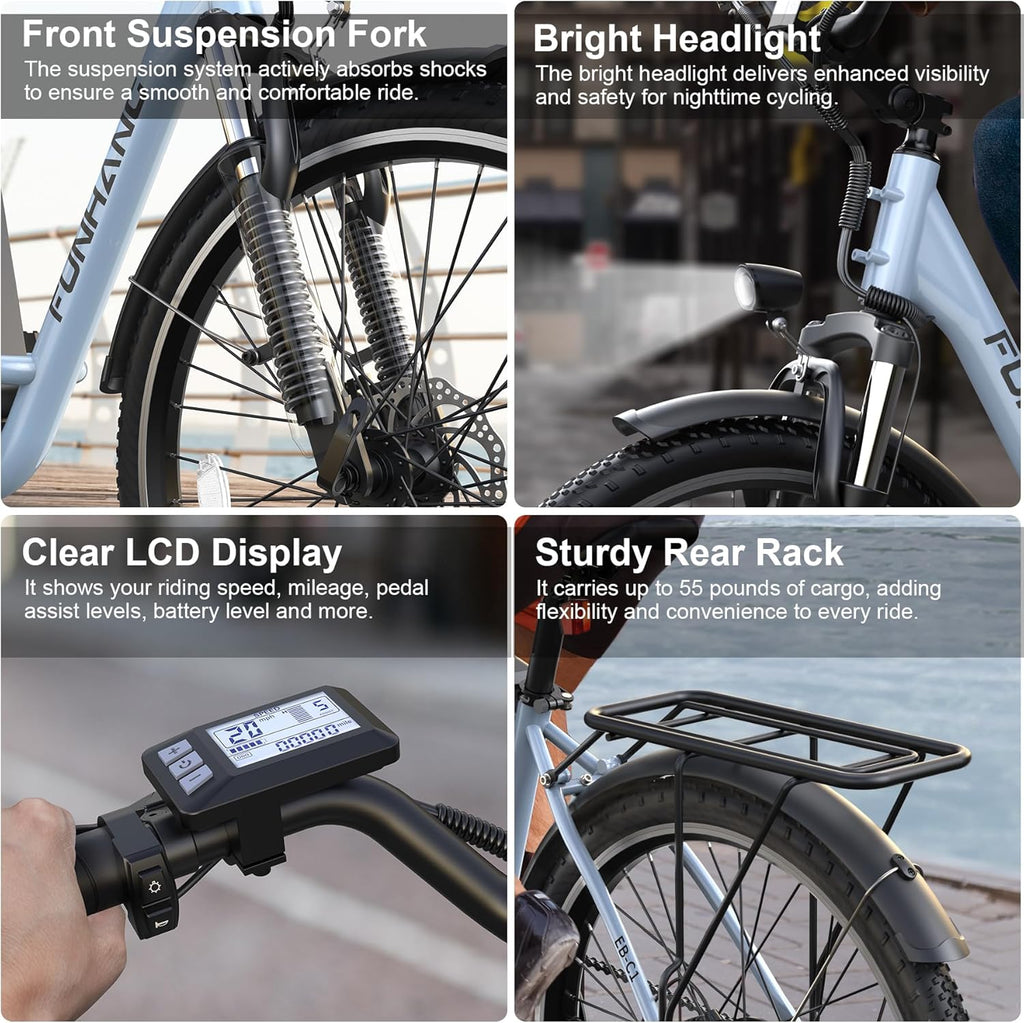 26-Inch City Cruiser Electric Bike for Adults – 1000W Peak Motor, 7-Speed Commuter E-Bike, Up to 20 MPH & 50-Mile Range