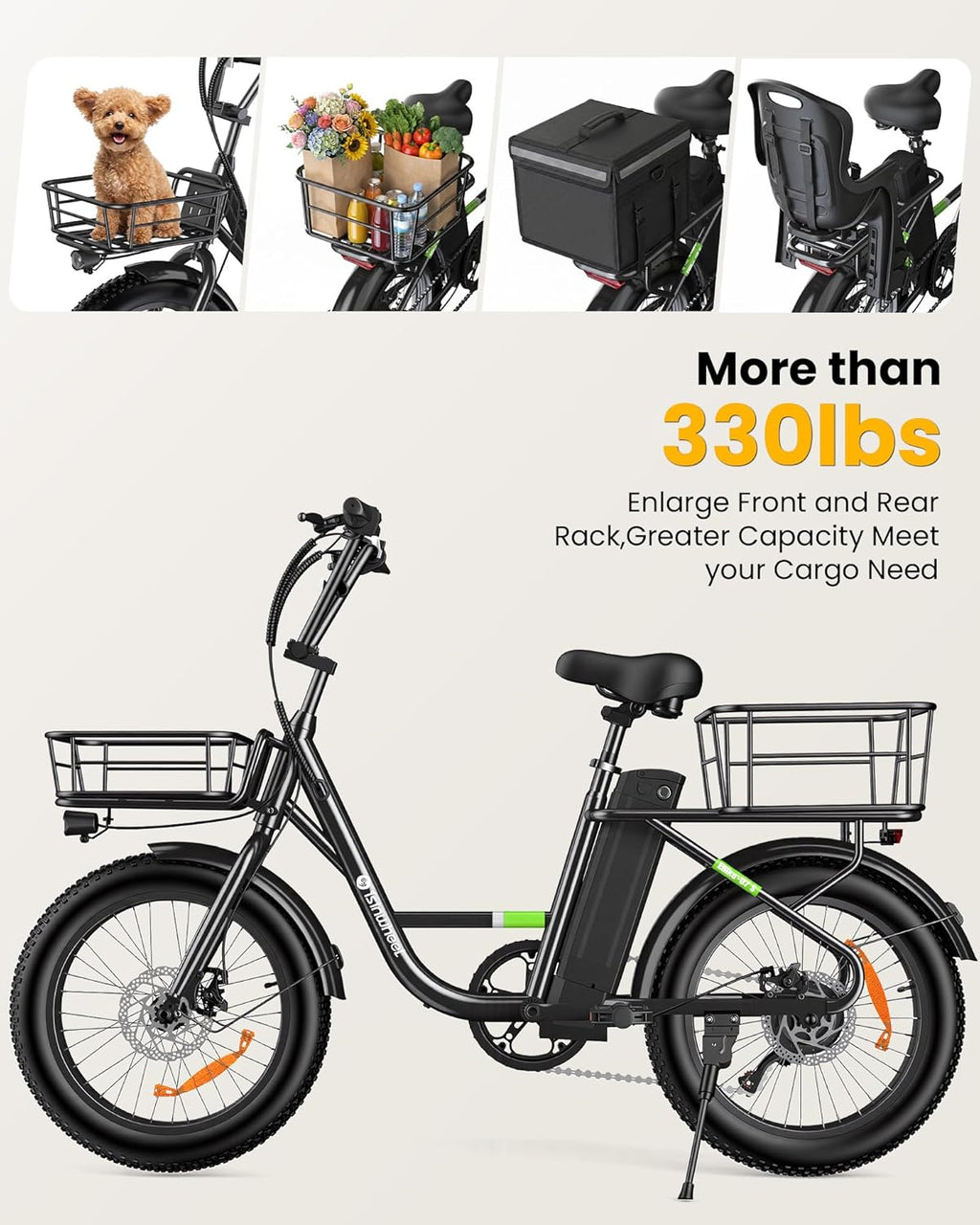 20" Fat Tire Step-Thru Electric Bike for Adults – Cruiser E-Bike with Dual Cargo Rack & 7-Speed Gear System