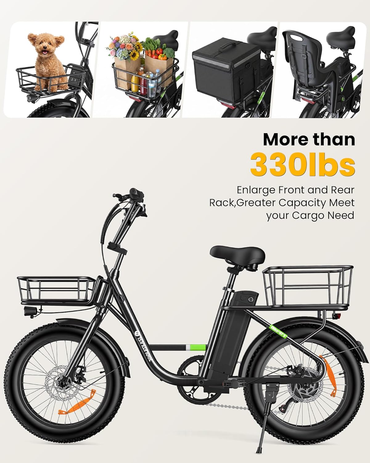 20" Fat Tire Step-Thru Electric Bike for Adults – Cruiser E-Bike with Dual Cargo Rack & 7-Speed Gear System