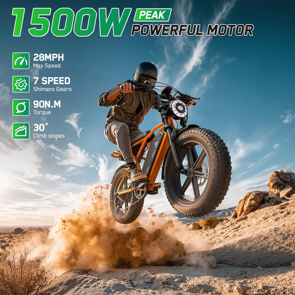 1500W Peak Electric Bike for Adults – 20" Fat Tire E-Bike, Up to 60 Miles Range, Dual Suspension, Removable Battery