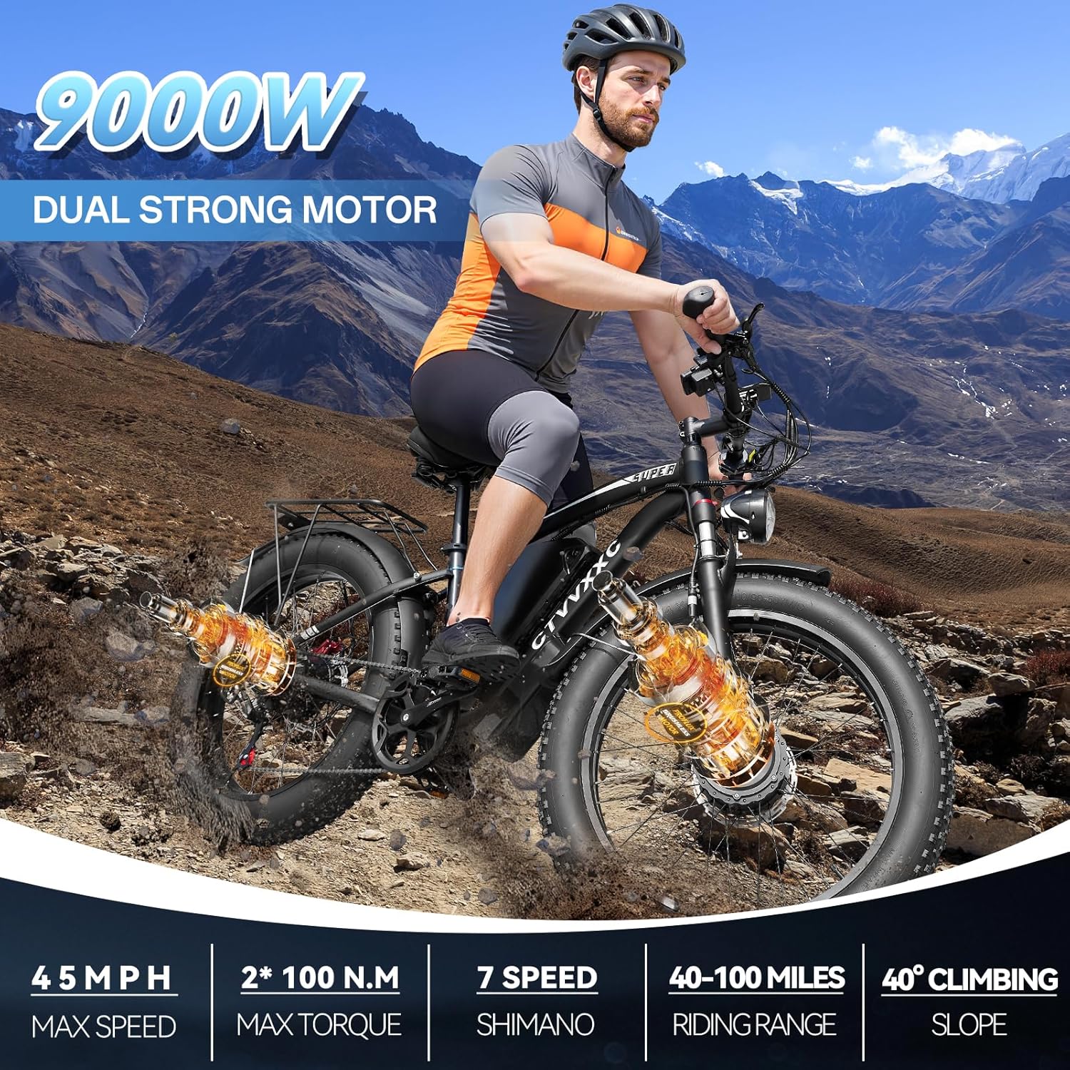 Dual Motor Electric Fat Tire Bike for Adults, 9000W Peak Power, Up to 45 MPH, 24" All-Terrain E-Bike with Lockable Suspension