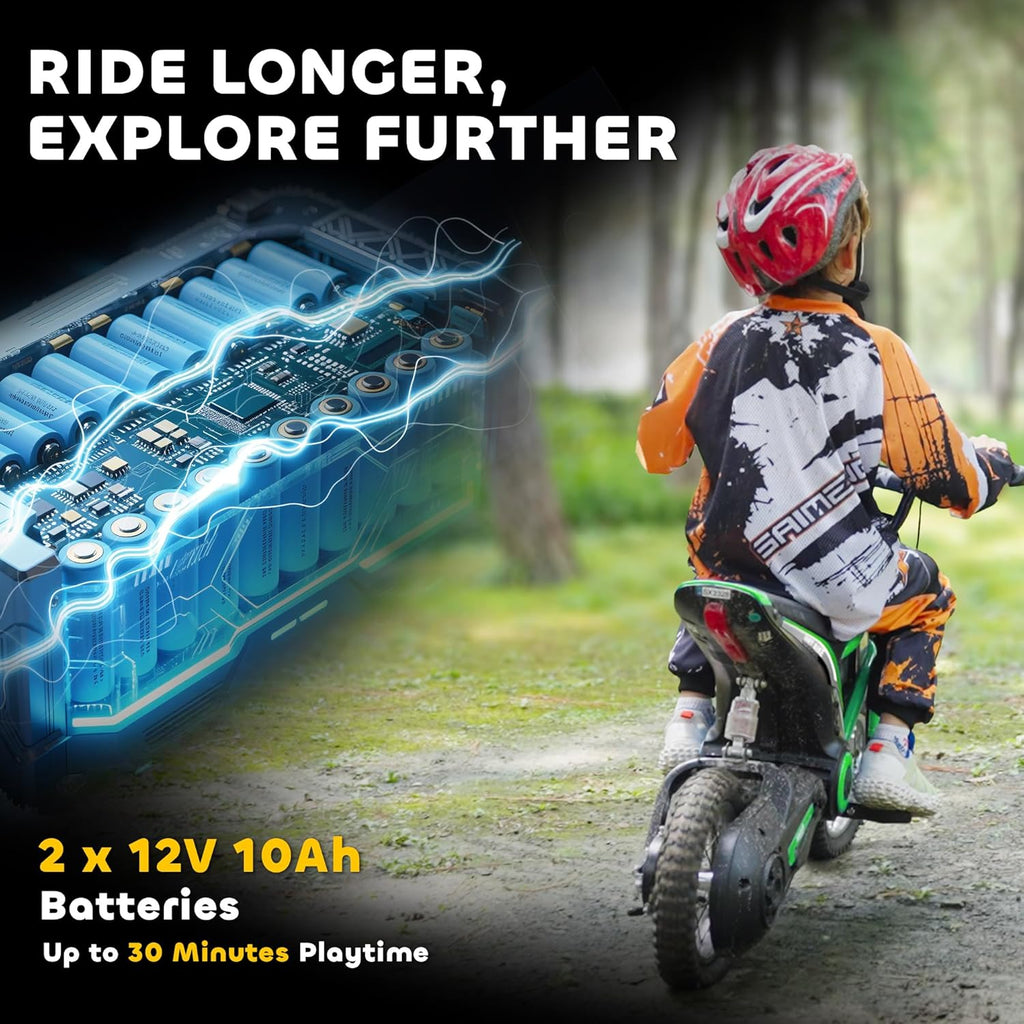 Electric Dirt Bike 350W Off-Road Motorcycle, Twist Grip Throttle, Up to 15 MPH, Rear Suspension, Music & Horn, Hand Brake, Green