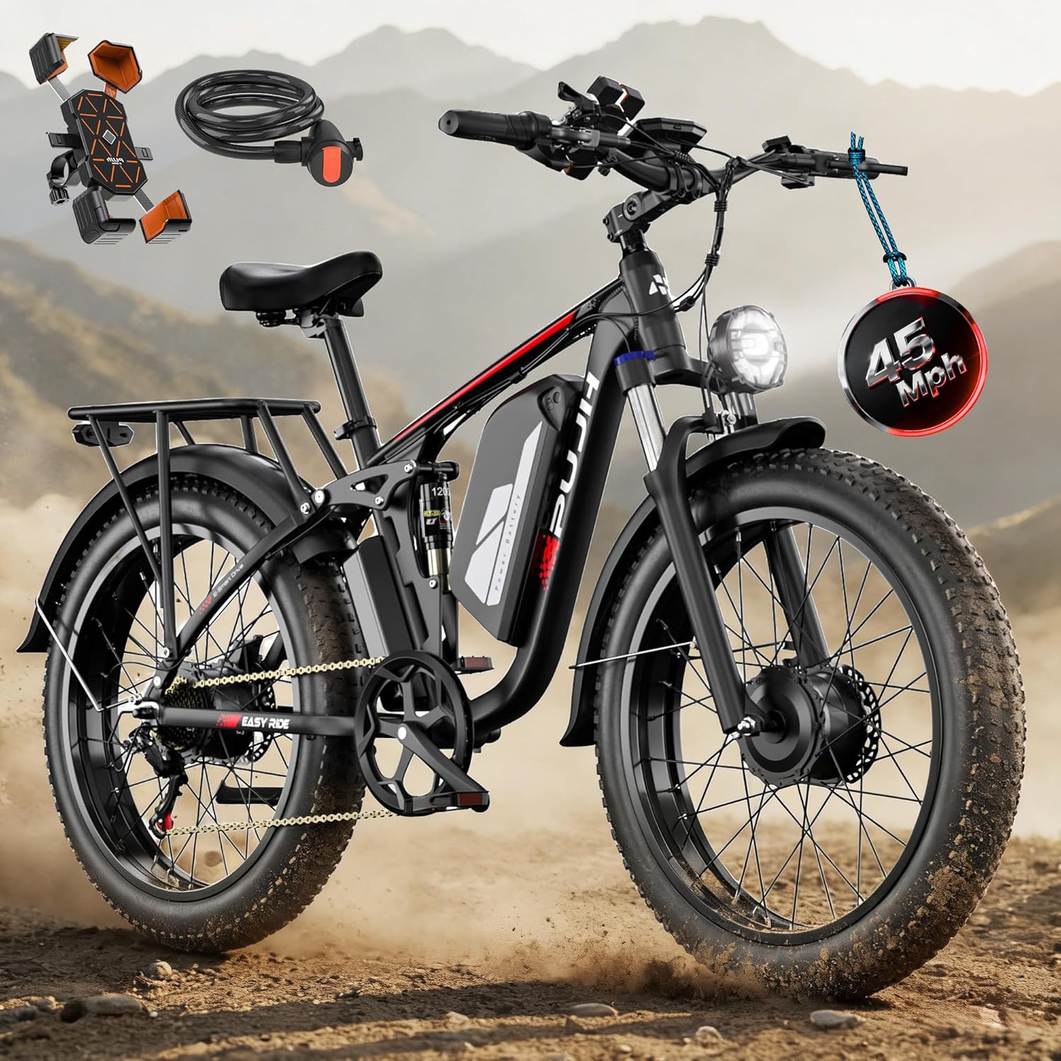 Dual Motor Electric Bike for Adults, 24-Inch Fat Tire All-Terrain E-Bike, Full Suspension Long-Range Electric Bicycle