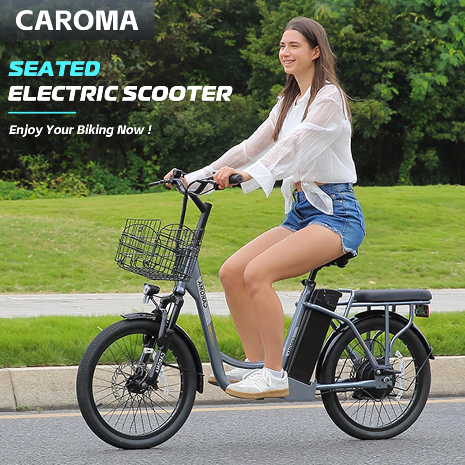 Electric Scooter with Seat – 20" Fat Tire Commuter E-Bike with Adjustable Seat, Basket & Removable Power System