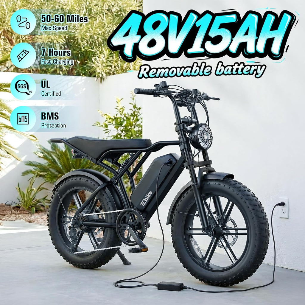 Adult Electric Fat Tire Bike, 1500W Peak Motor, Up to 60-Mile Range, 20" All-Terrain E-Bike with Dual Suspension & 7-Speed Drivetrain