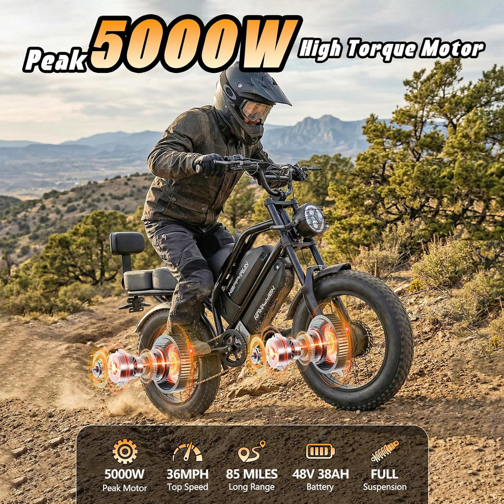 5000W Peak Dual Motor Electric Bike for Adults – 20" Fat Tire E-Bike, 36 MPH Top Speed, 85+ Miles Range, Hydraulic Brakes